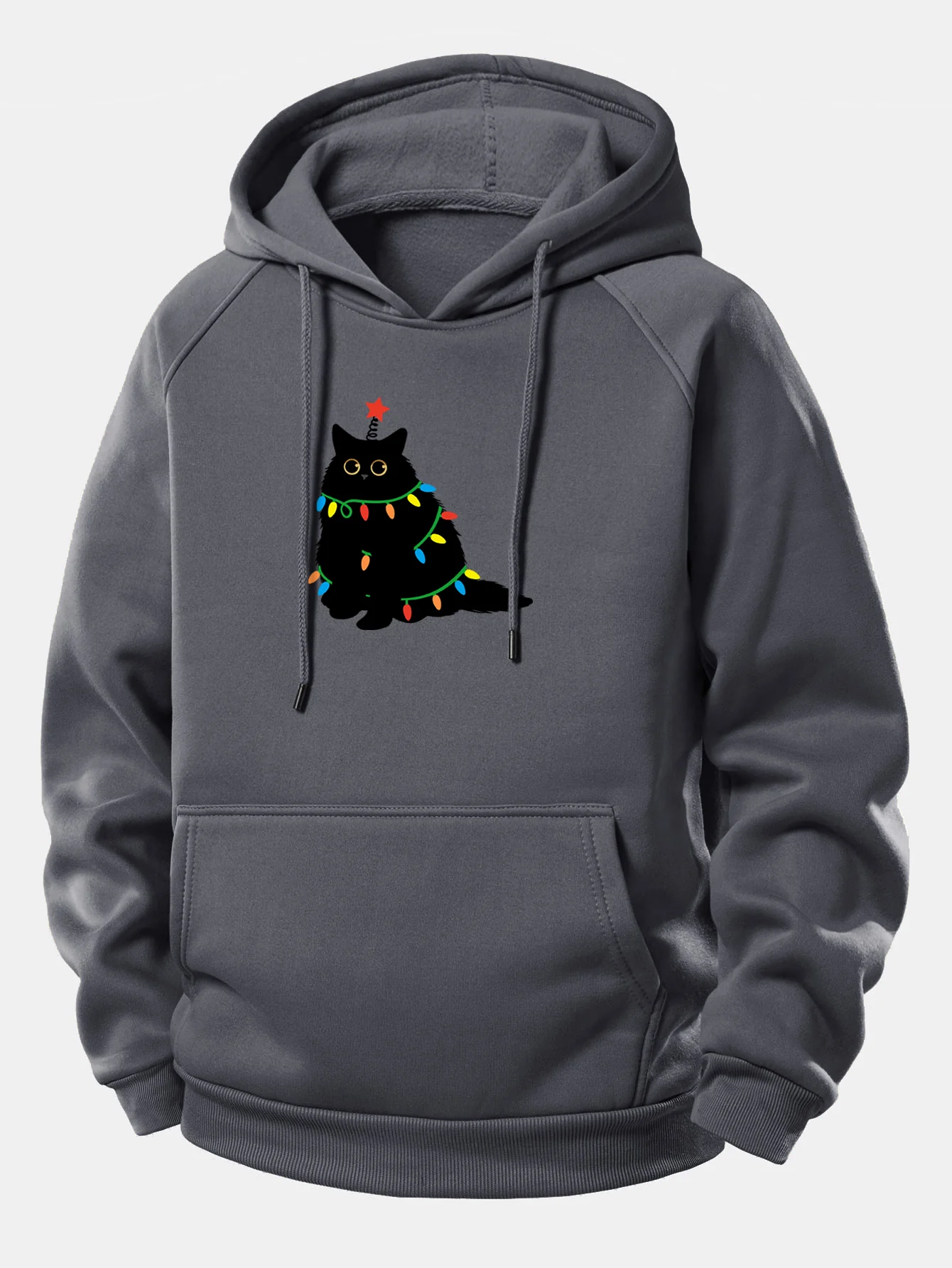 Weihnachtslichter Schwarze Katze Druck Kordelzug Kapuzenpullover - Image 12