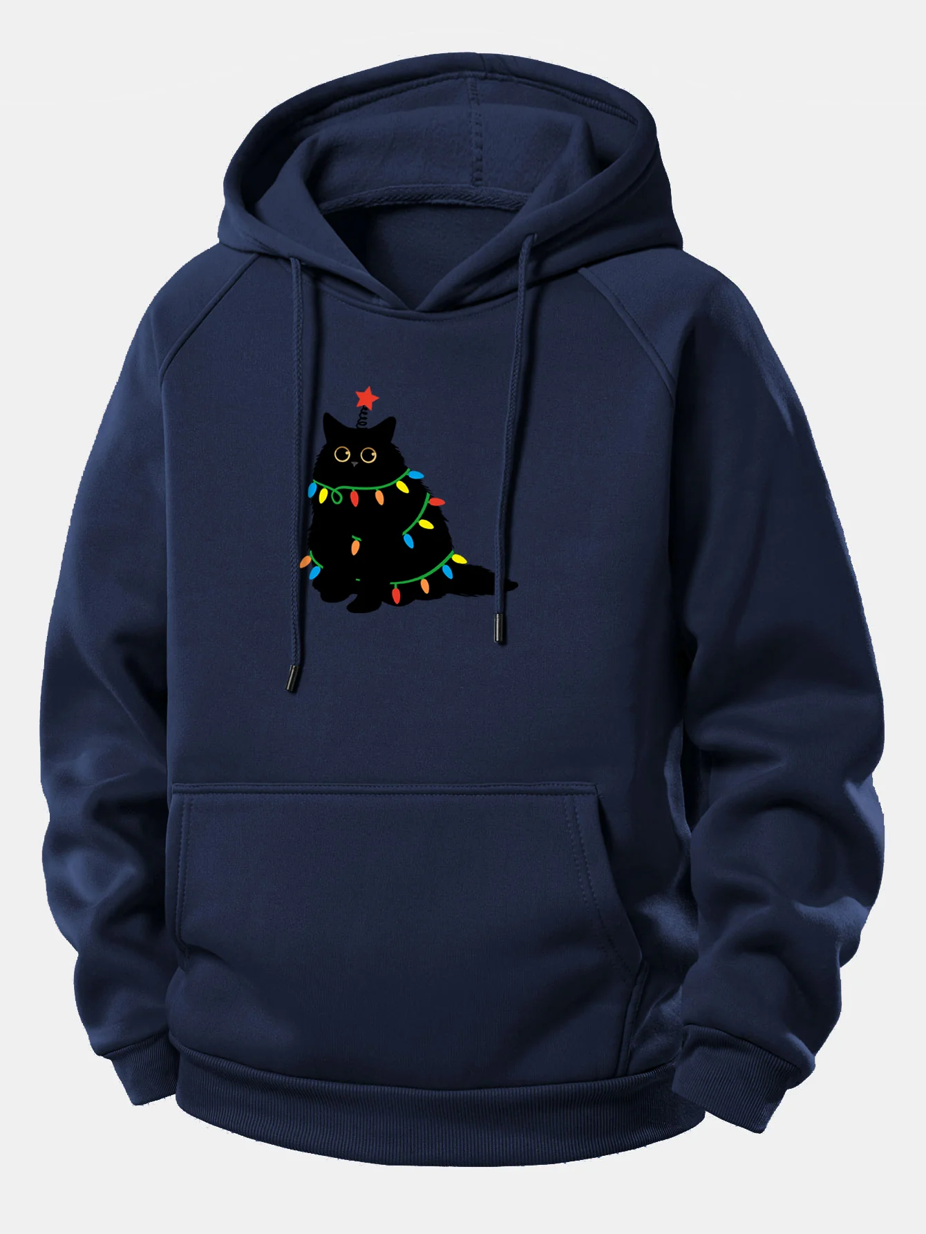 Weihnachtslichter Schwarze Katze Druck Kordelzug Kapuzenpullover - Image 13