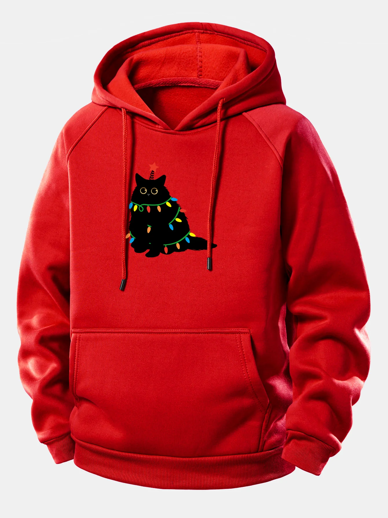 Weihnachtslichter Schwarze Katze Druck Kordelzug Kapuzenpullover - Image 2