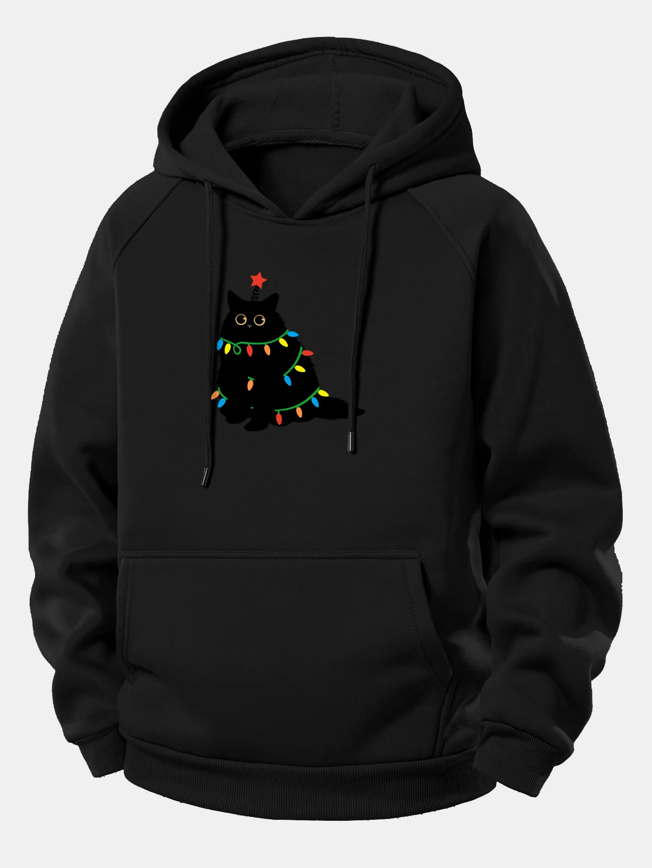 Weihnachtslichter Schwarze Katze Druck Kordelzug Kapuzenpullover - Image 3