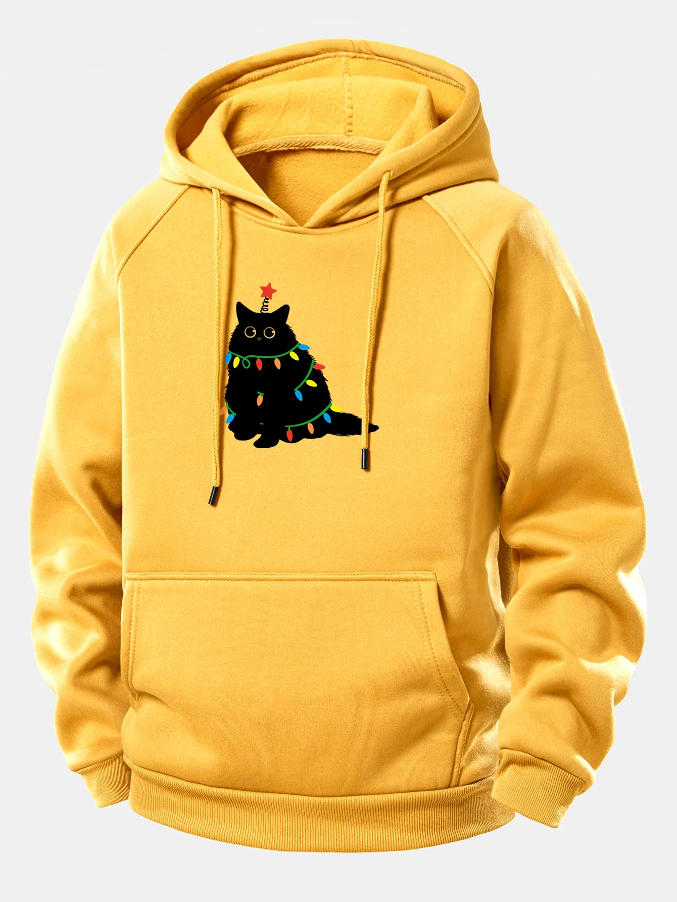 Weihnachtslichter Schwarze Katze Druck Kordelzug Kapuzenpullover - Image 7