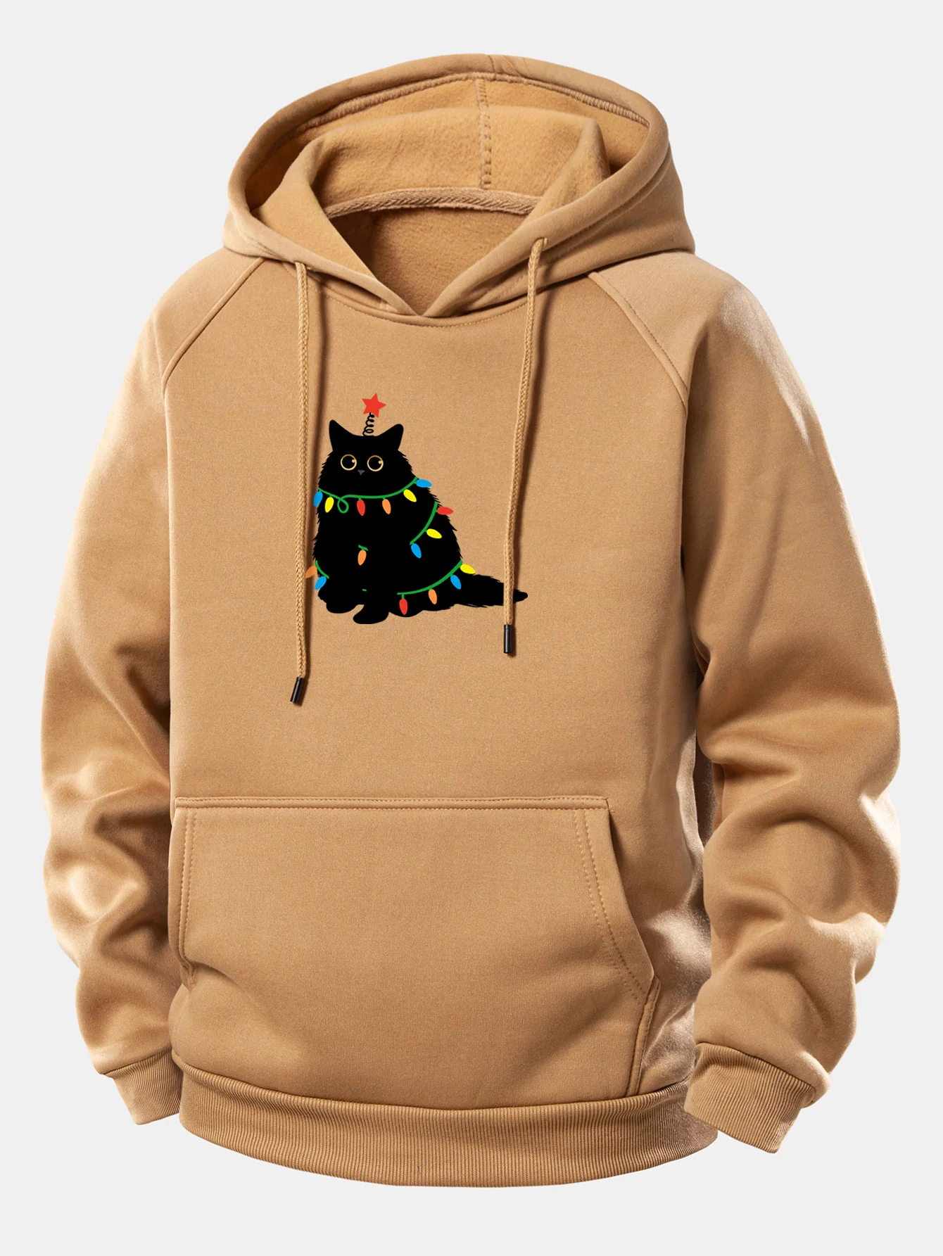 Weihnachtslichter Schwarze Katze Druck Kordelzug Kapuzenpullover - Image 8