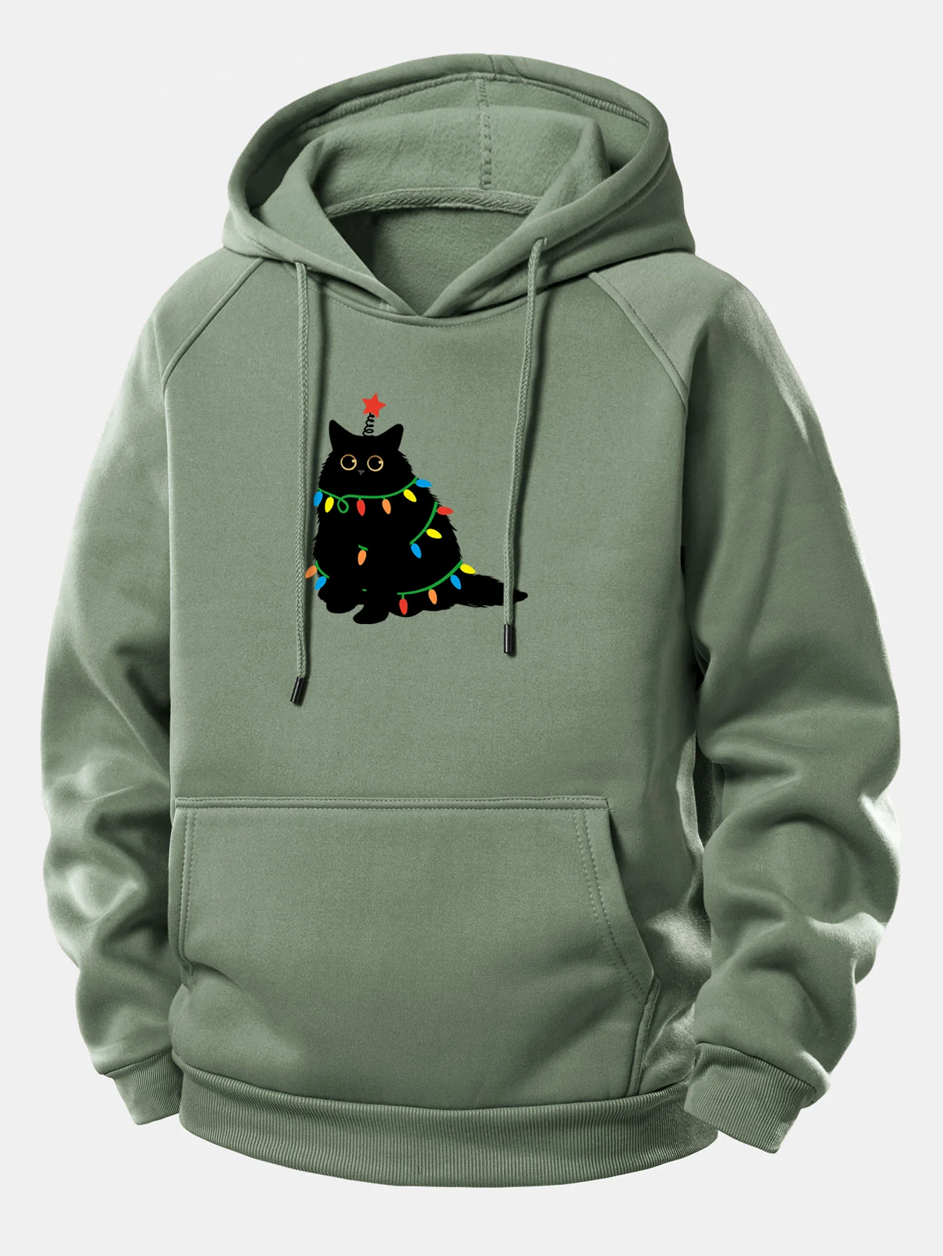 Weihnachtslichter Schwarze Katze Druck Kordelzug Kapuzenpullover - Image 9
