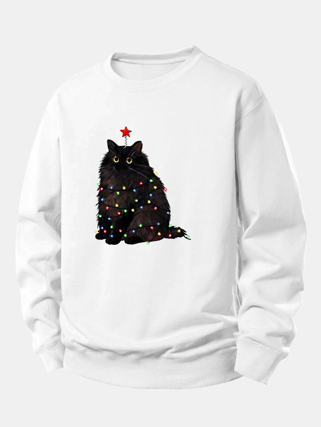 Weihnachtslichter Schwarze Katze Druck Locker sitzendes Sweatshirt - Image 3