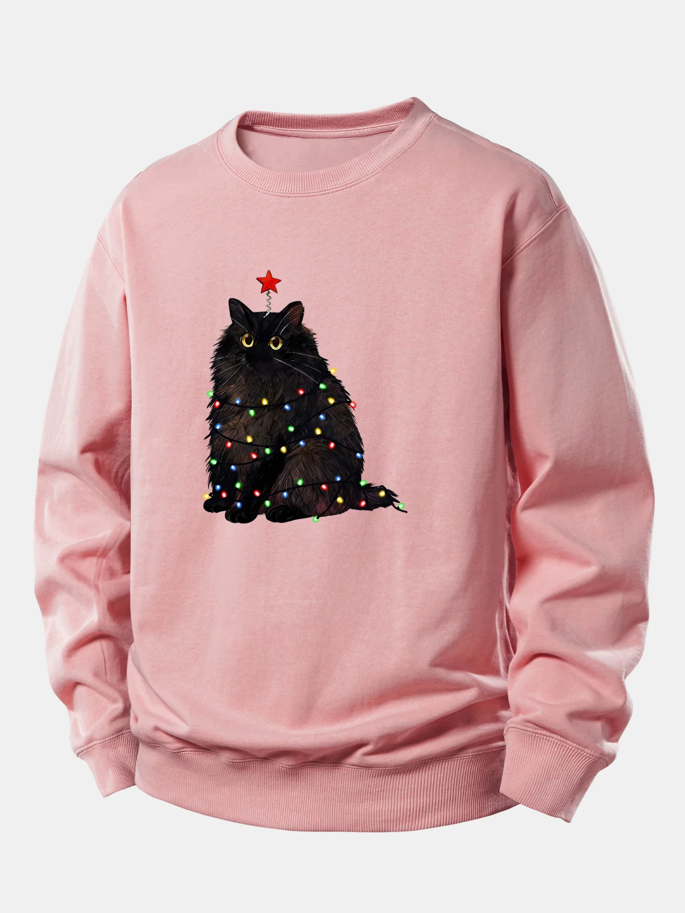 Weihnachtslichter Schwarze Katze Druck Locker sitzendes Sweatshirt - Image 4