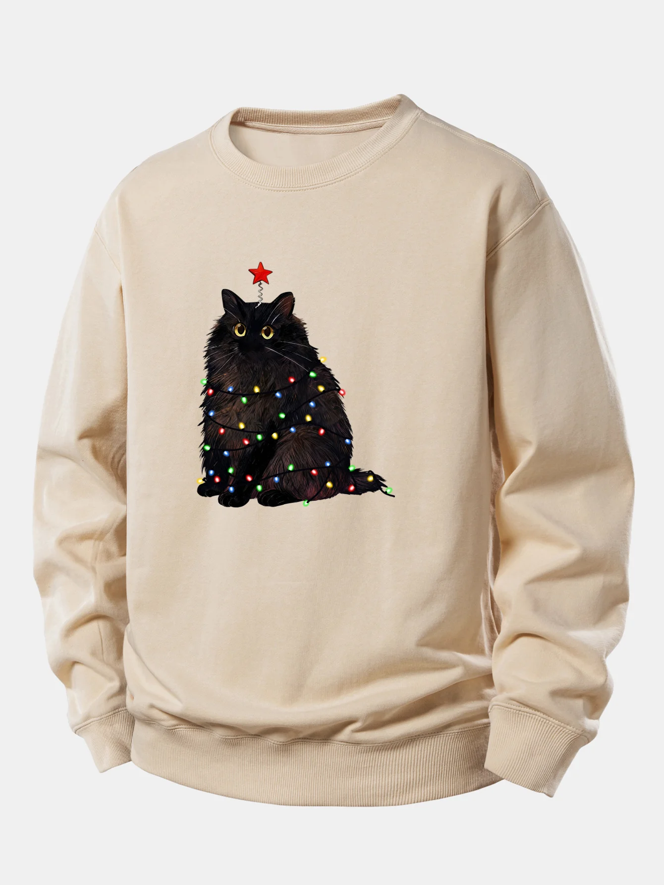 Weihnachtslichter Schwarze Katze Druck Locker sitzendes Sweatshirt - Image 5