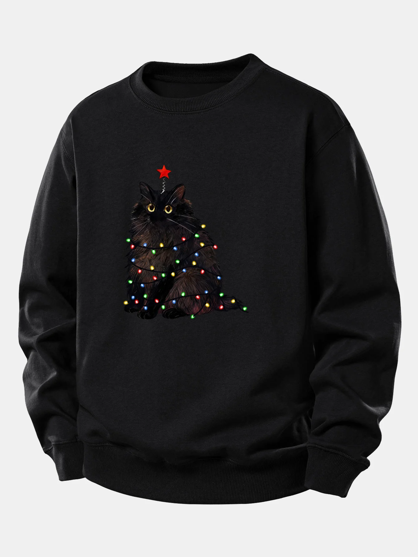 Weihnachtslichter Schwarze Katze Druck Locker sitzendes Sweatshirt - Image 7