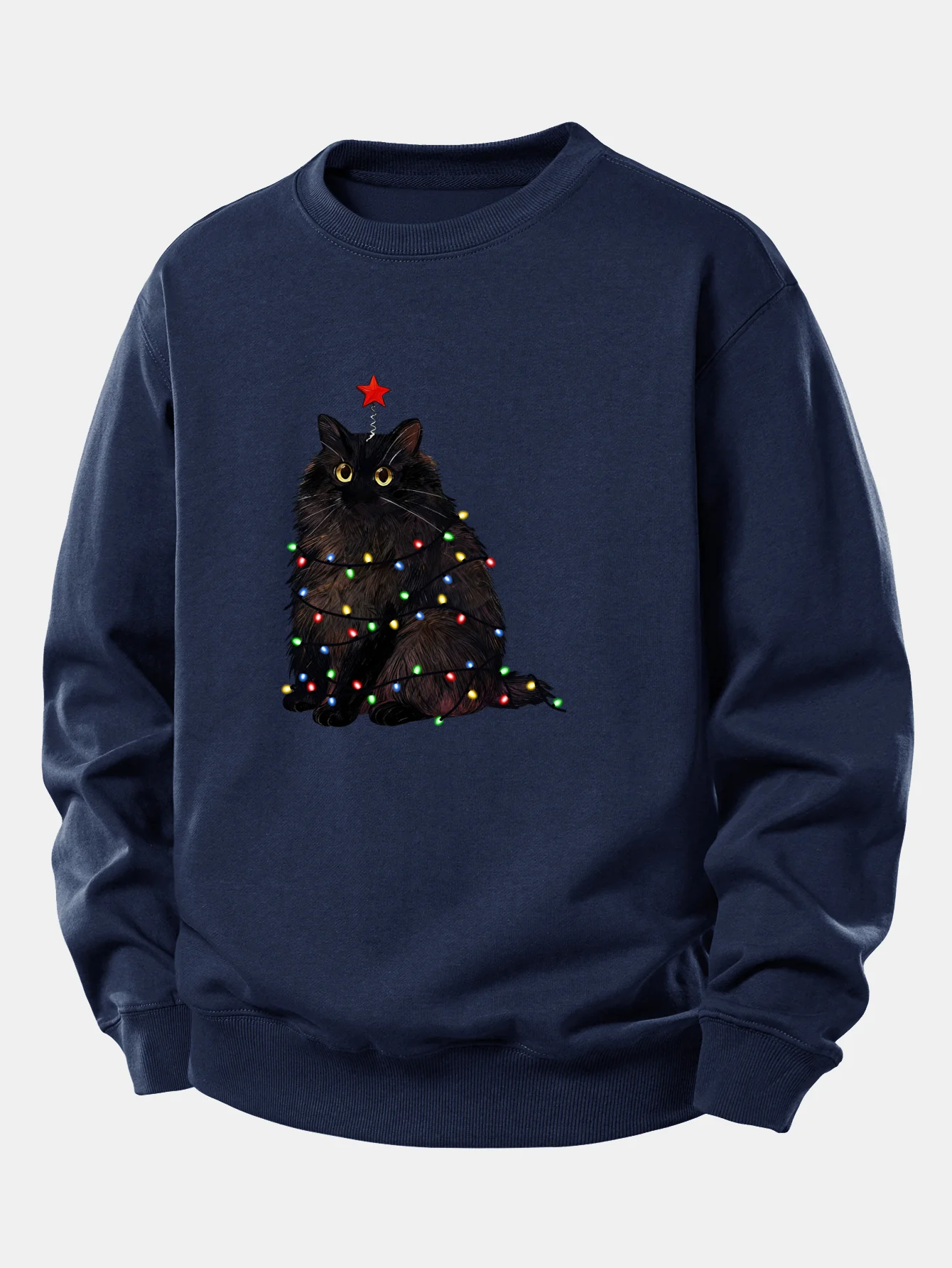 Weihnachtslichter Schwarze Katze Druck Locker sitzendes Sweatshirt - Image 8