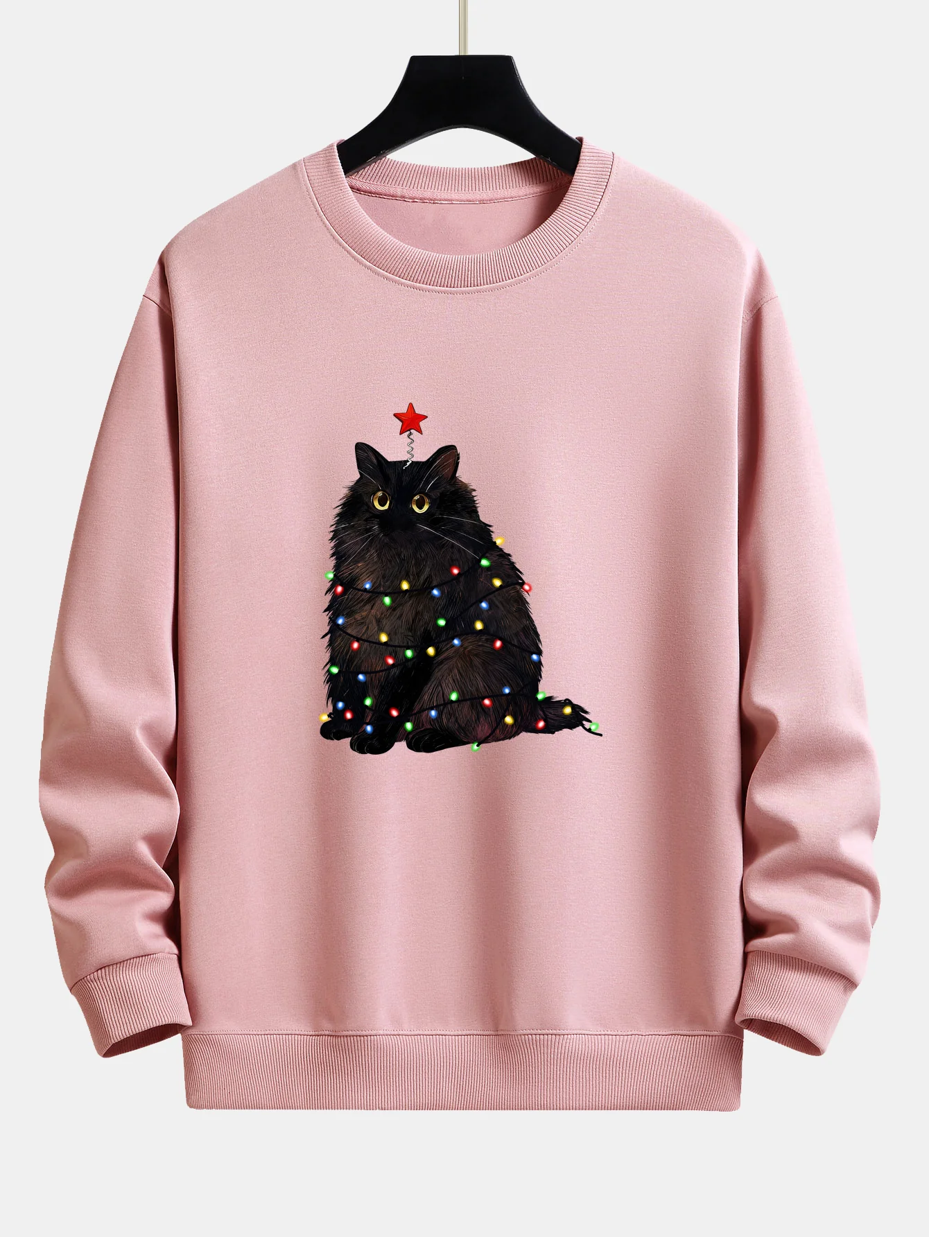 Weihnachtslichter Schwarze Katze Druck Locker sitzendes Sweatshirt - Image 5