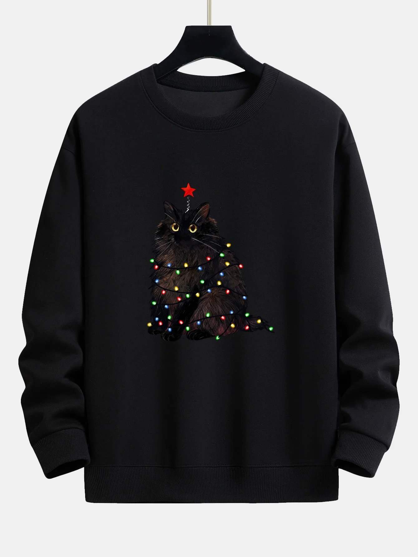 Weihnachtslichter Schwarze Katze Druck Locker sitzendes Sweatshirt - Image 8