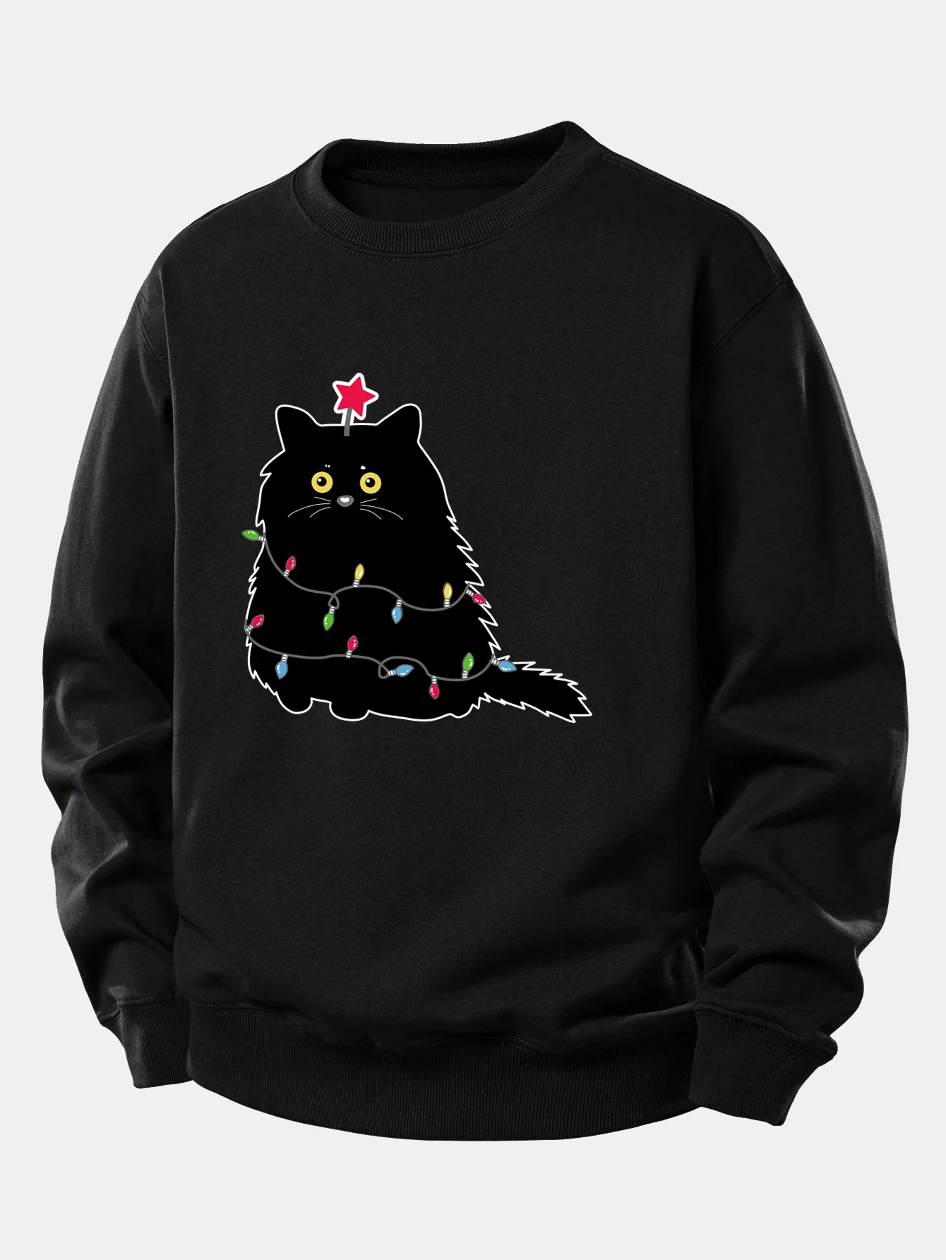Christmas Lights Black Cat Print Relax Fit Sweatshirt - Image 5