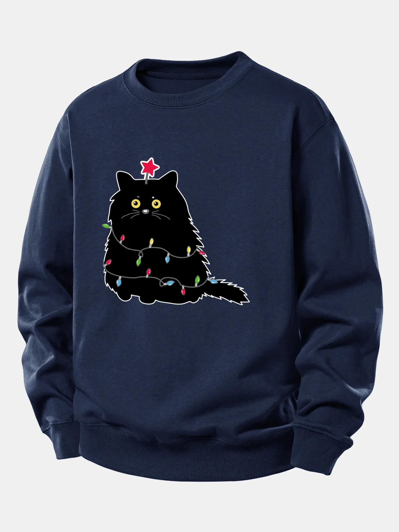 Christmas Lights Black Cat Print Relax Fit Sweatshirt - Image 6