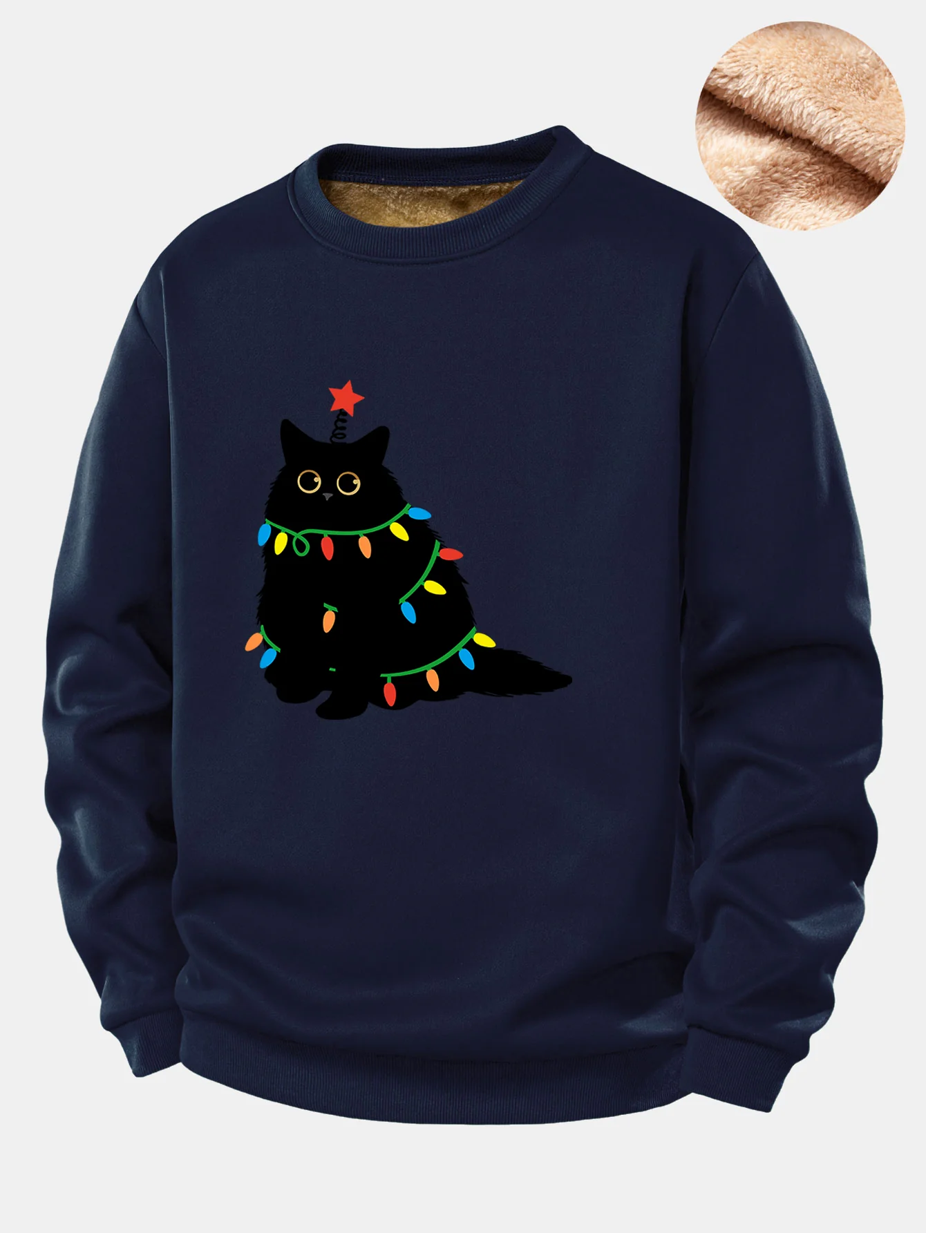 Weihnachtslichter Schwarze Katze Druck Teddy Fleece Gefüttertes Sweatshirt - Image 2