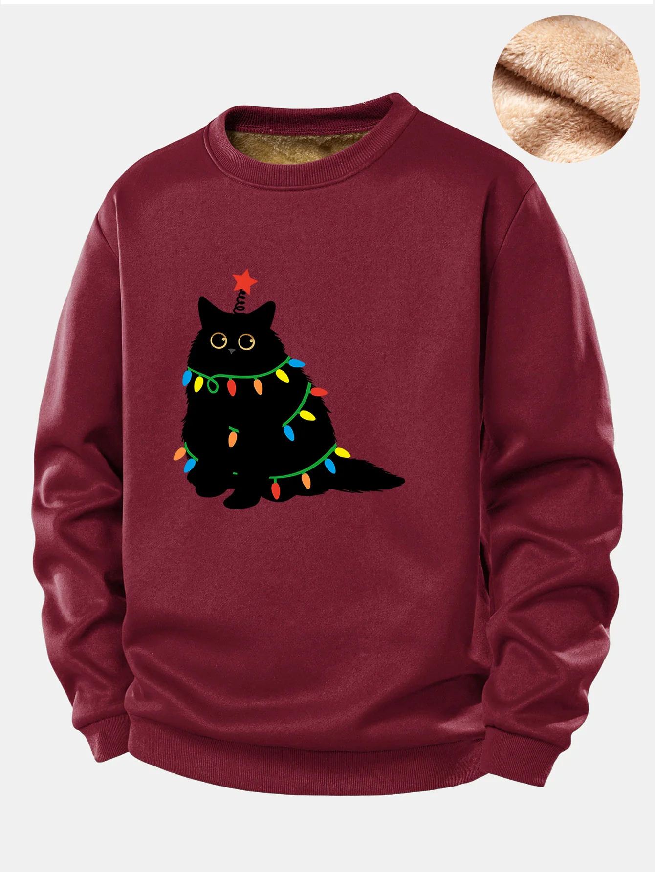 Weihnachtslichter Schwarze Katze Druck Teddy Fleece Gefüttertes Sweatshirt - Image 3