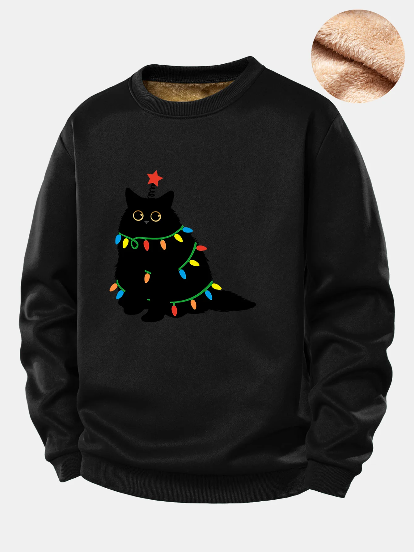 Weihnachtslichter Schwarze Katze Druck Teddy Fleece Gefüttertes Sweatshirt - Image 4