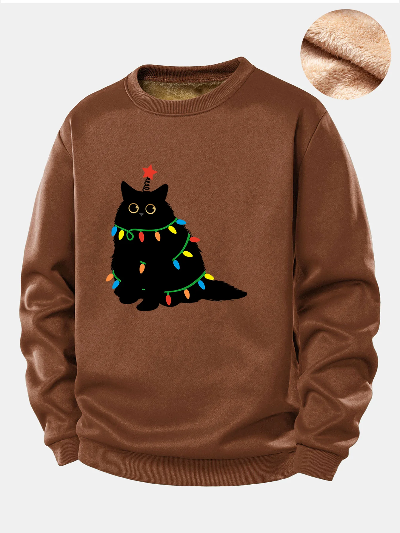 Weihnachtslichter Schwarze Katze Druck Teddy Fleece Gefüttertes Sweatshirt - Image 5
