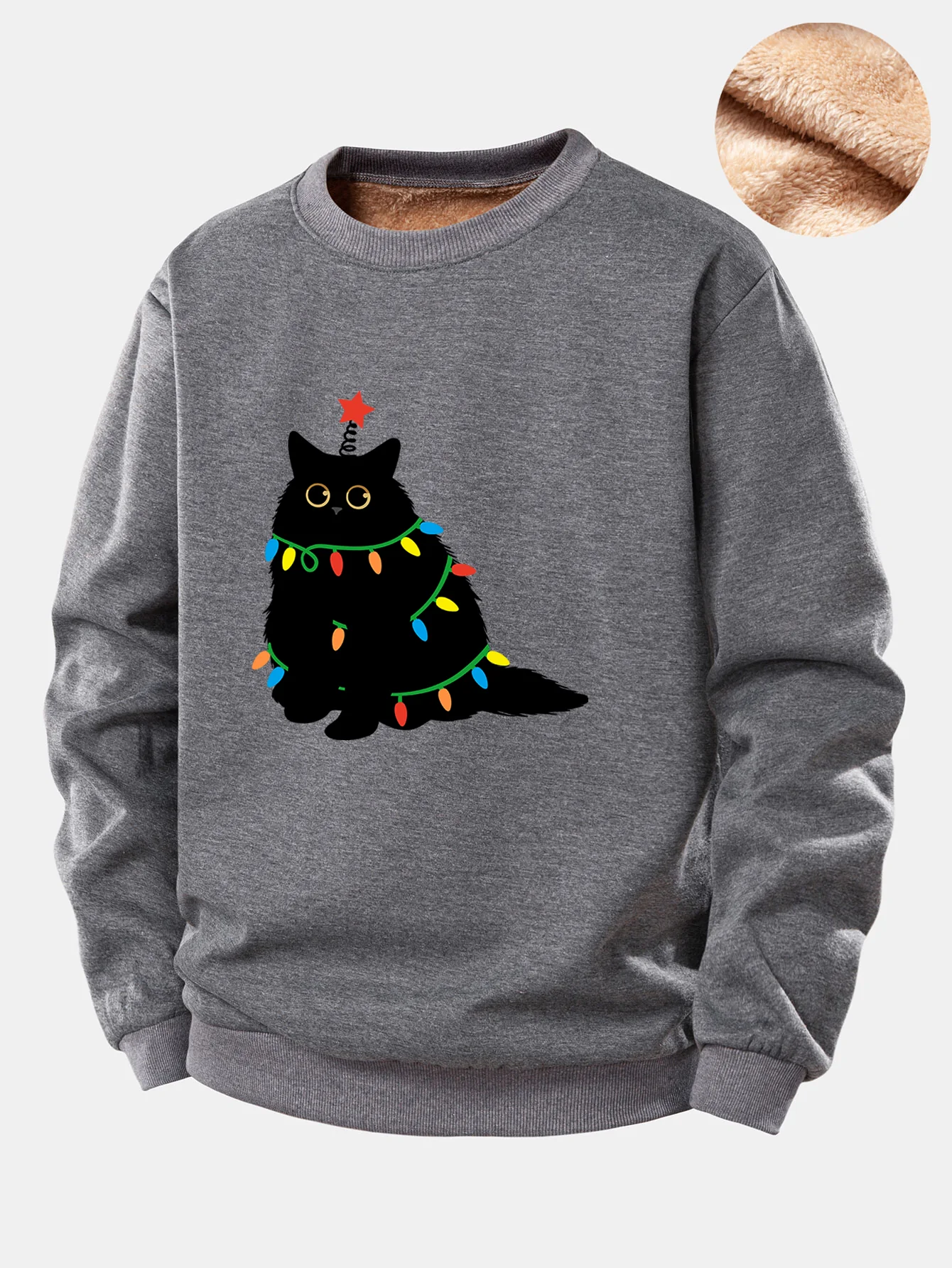 Weihnachtslichter Schwarze Katze Druck Teddy Fleece Gefüttertes Sweatshirt - Image 6