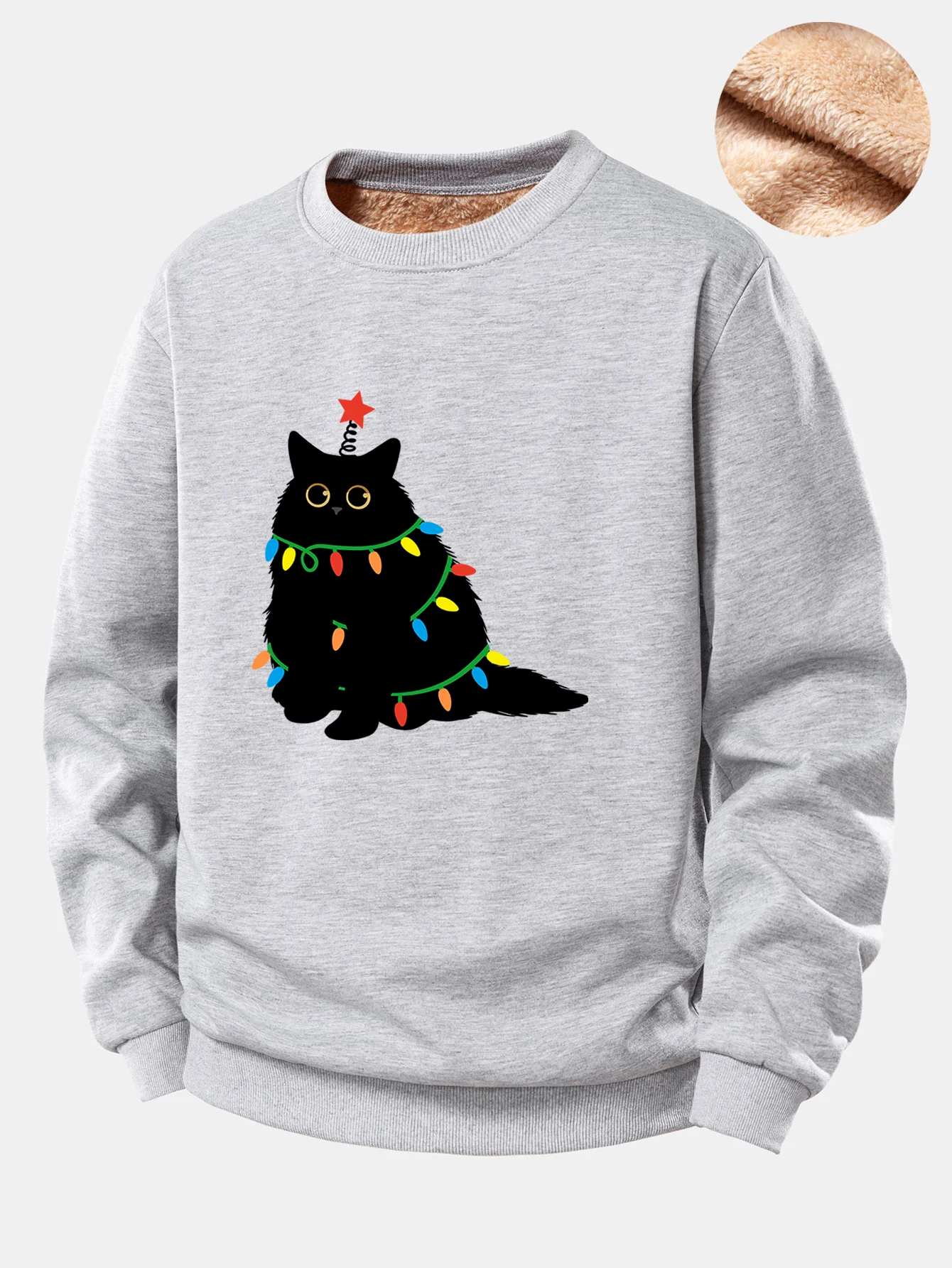 Weihnachtslichter Schwarze Katze Druck Teddy Fleece Gefüttertes Sweatshirt - Image 7