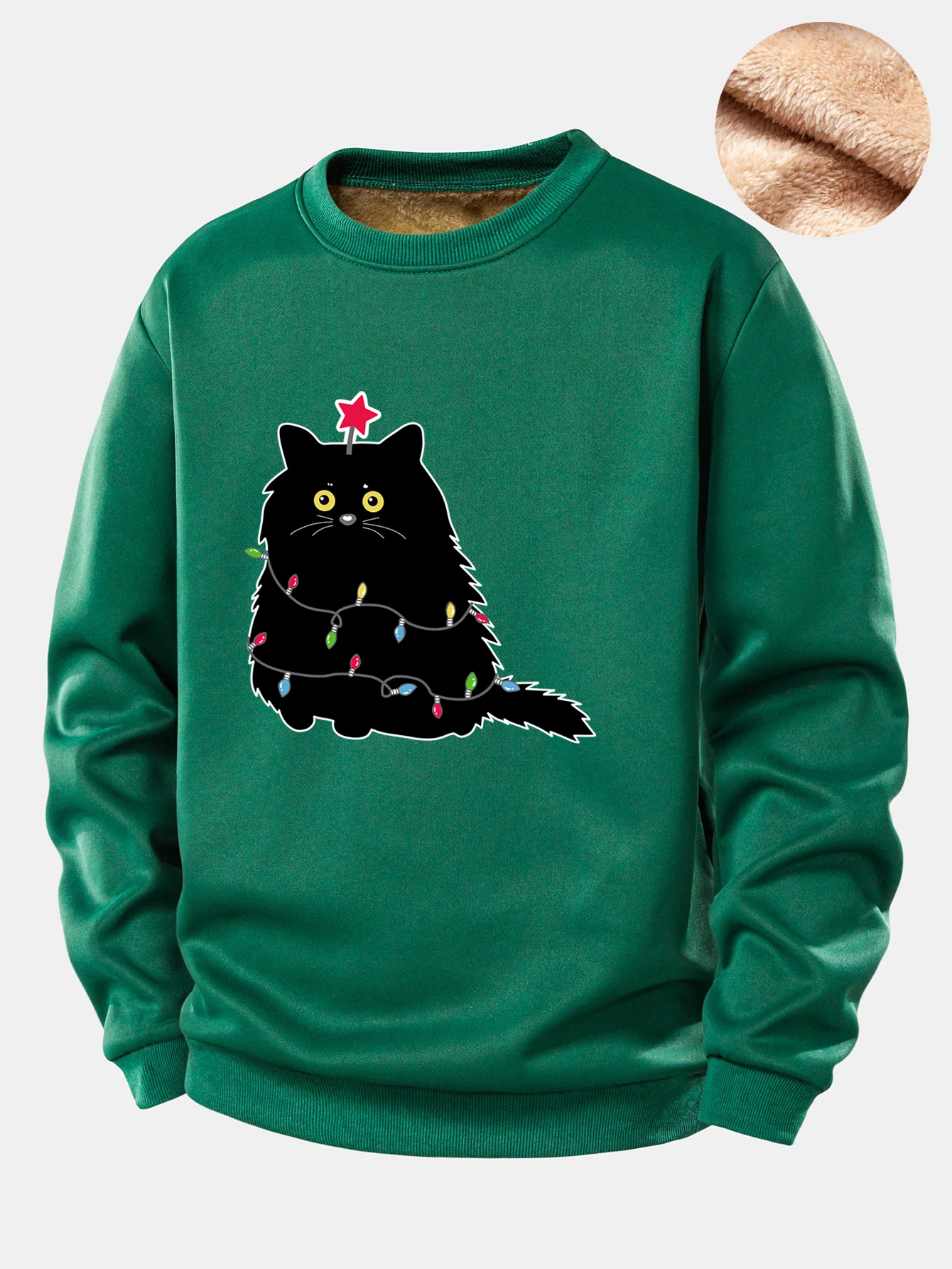 Christmas Lights Black Cat Print Teddy Fleece Lined Sweatshirt
