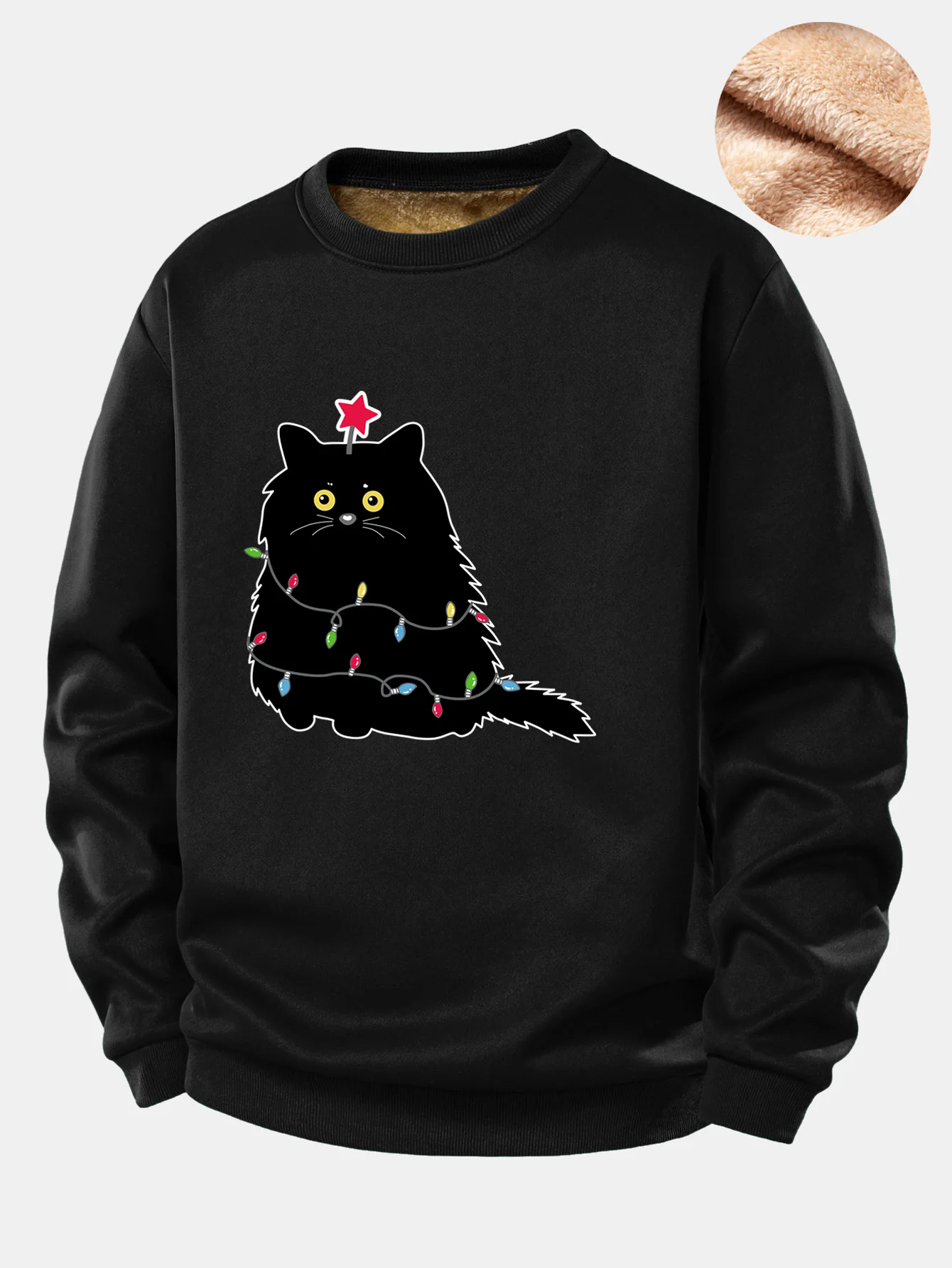 Christmas Lights Black Cat Print Teddy Fleece Lined Sweatshirt - Image 2