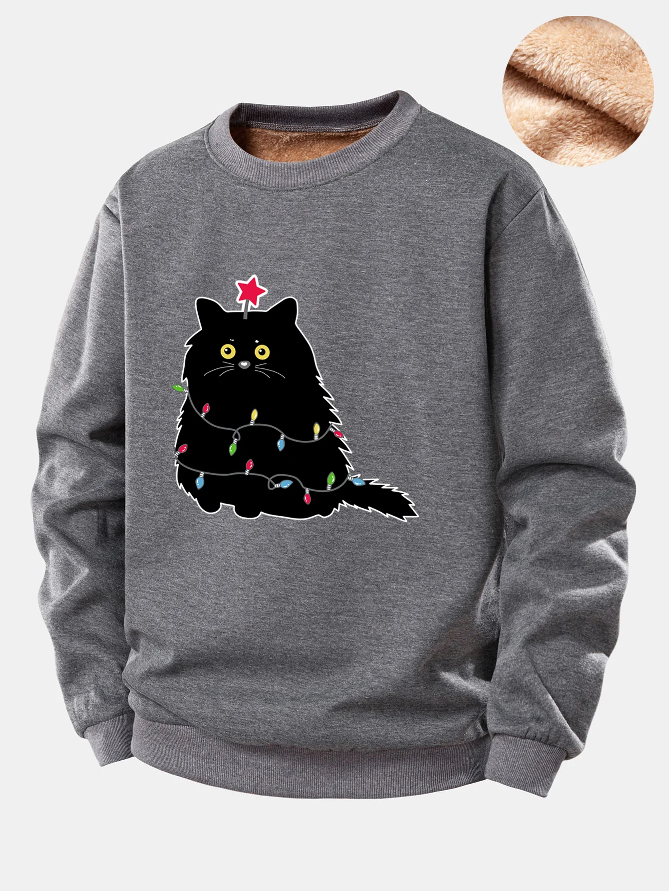 Christmas Lights Black Cat Print Teddy Fleece Lined Sweatshirt - Image 3