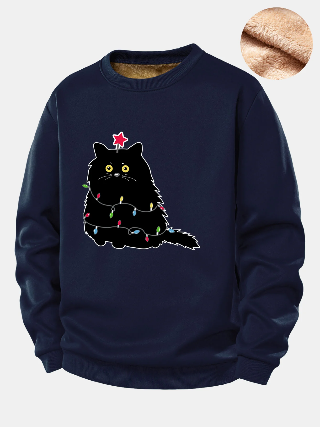 Christmas Lights Black Cat Print Teddy Fleece Lined Sweatshirt - Image 4