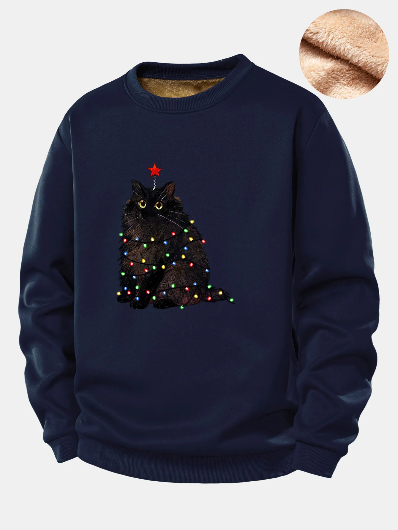 Weihnachtslichter Schwarze Katze Druck Teddy Fleece Gefüttertes Sweatshirt - Image 2