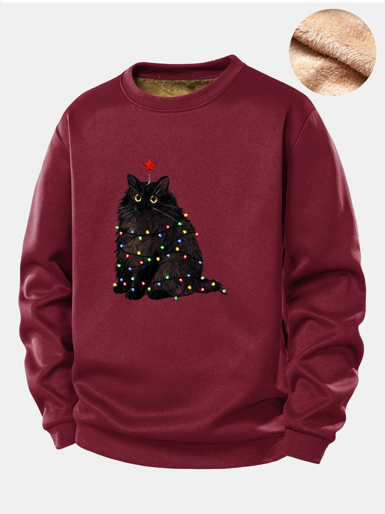Weihnachtslichter Schwarze Katze Druck Teddy Fleece Gefüttertes Sweatshirt - Image 3