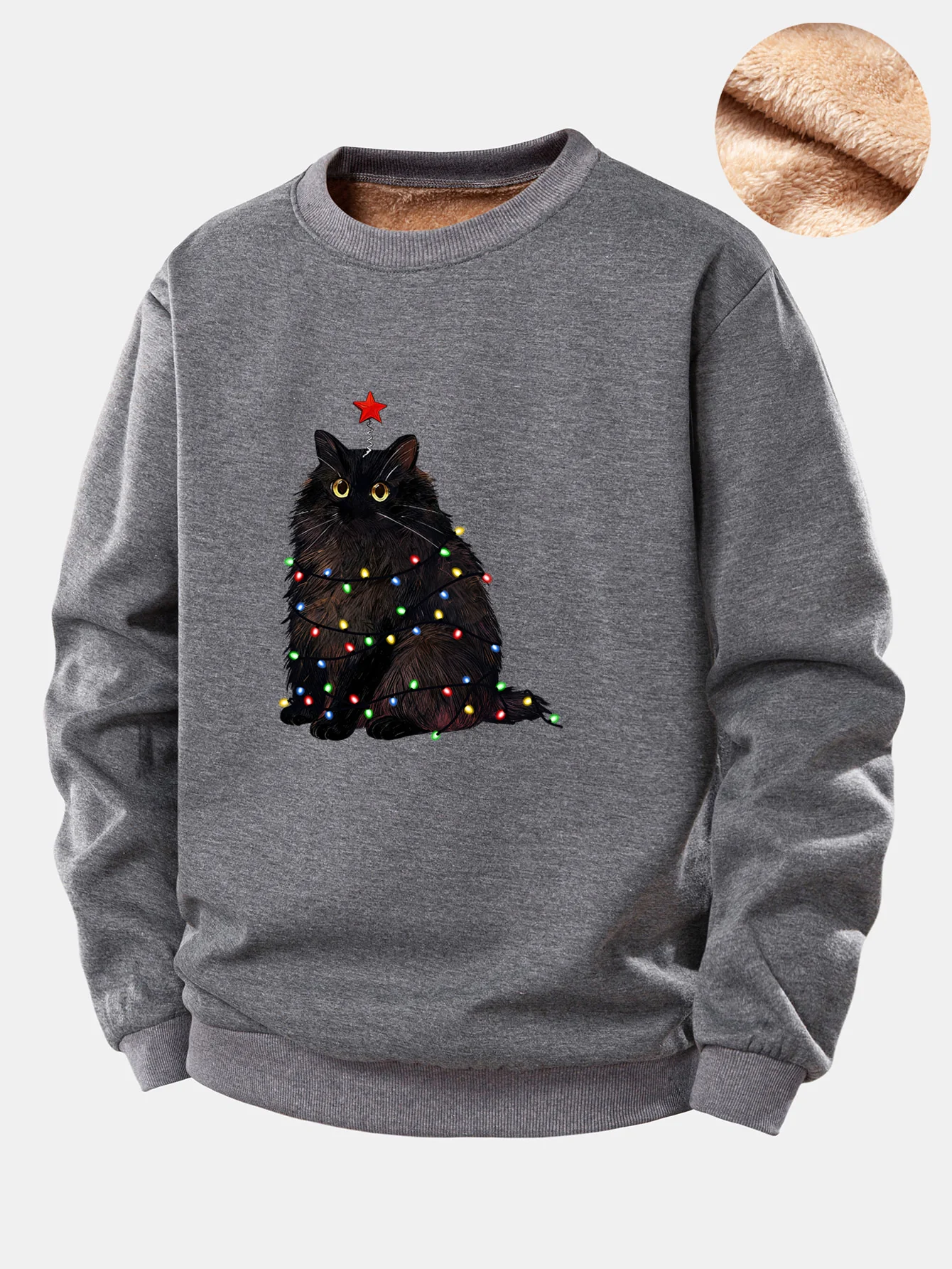 Weihnachtslichter Schwarze Katze Druck Teddy Fleece Gefüttertes Sweatshirt - Image 4