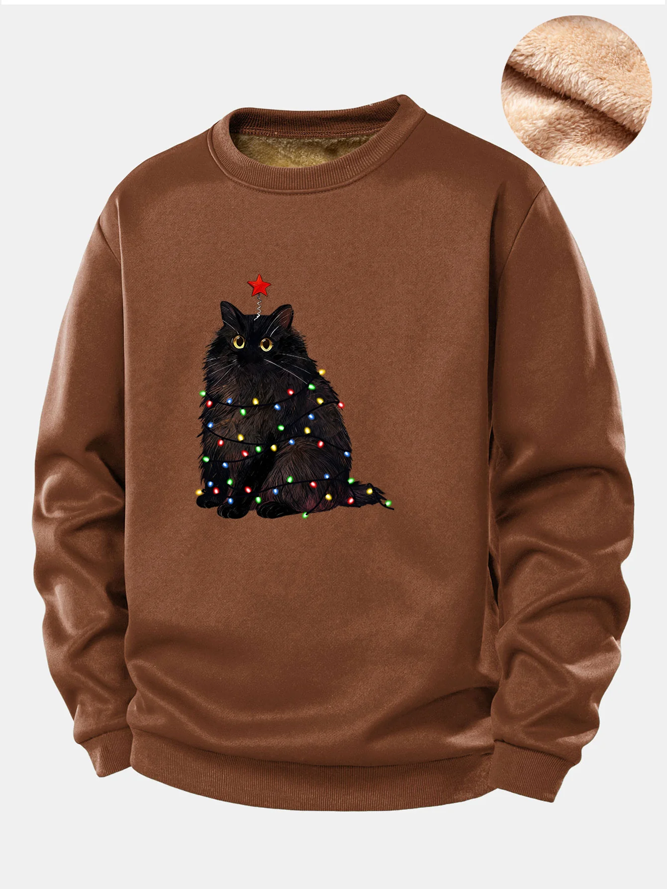 Weihnachtslichter Schwarze Katze Druck Teddy Fleece Gefüttertes Sweatshirt - Image 5