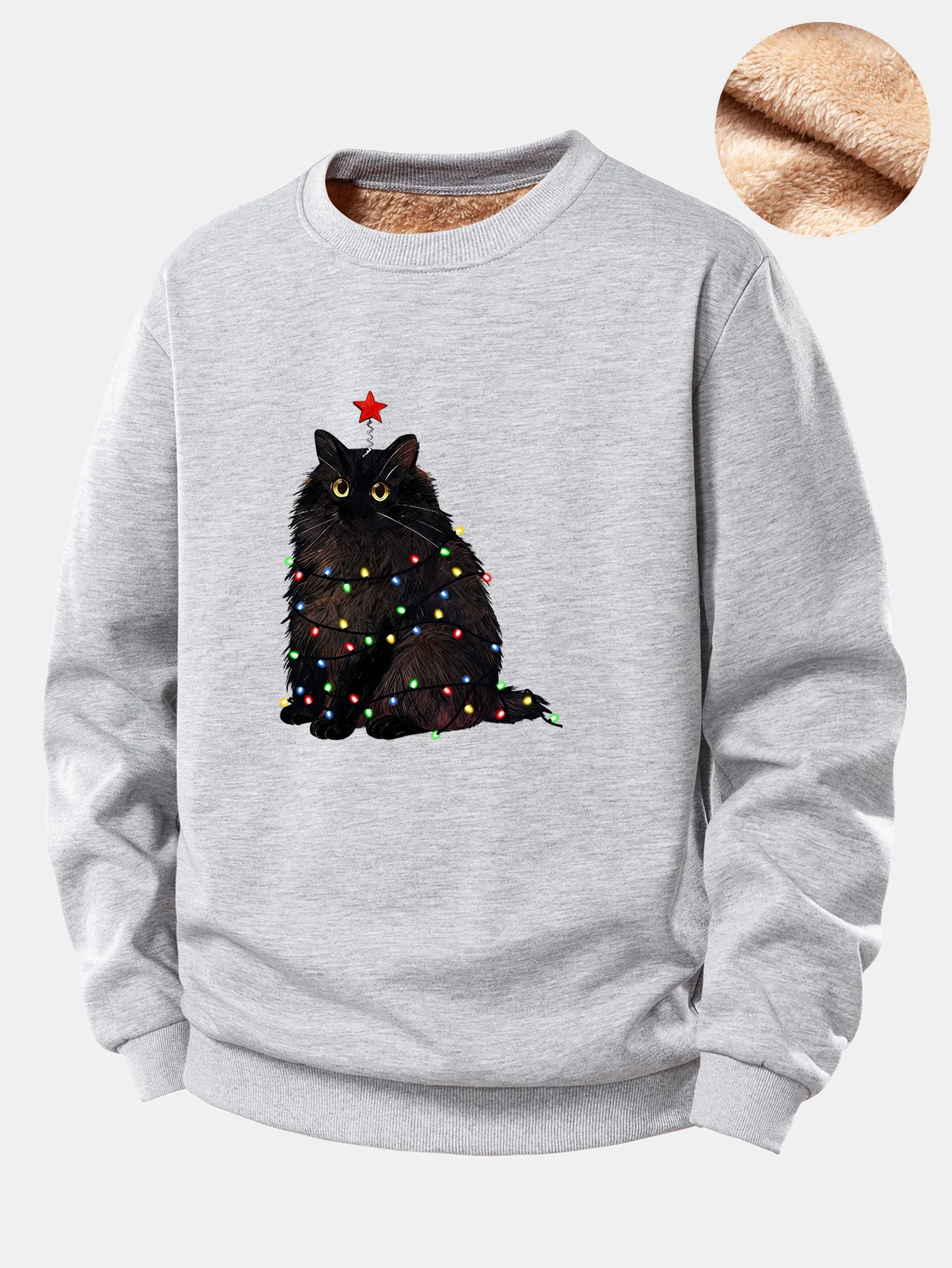 Weihnachtslichter Schwarze Katze Druck Teddy Fleece Gefüttertes Sweatshirt - Image 6