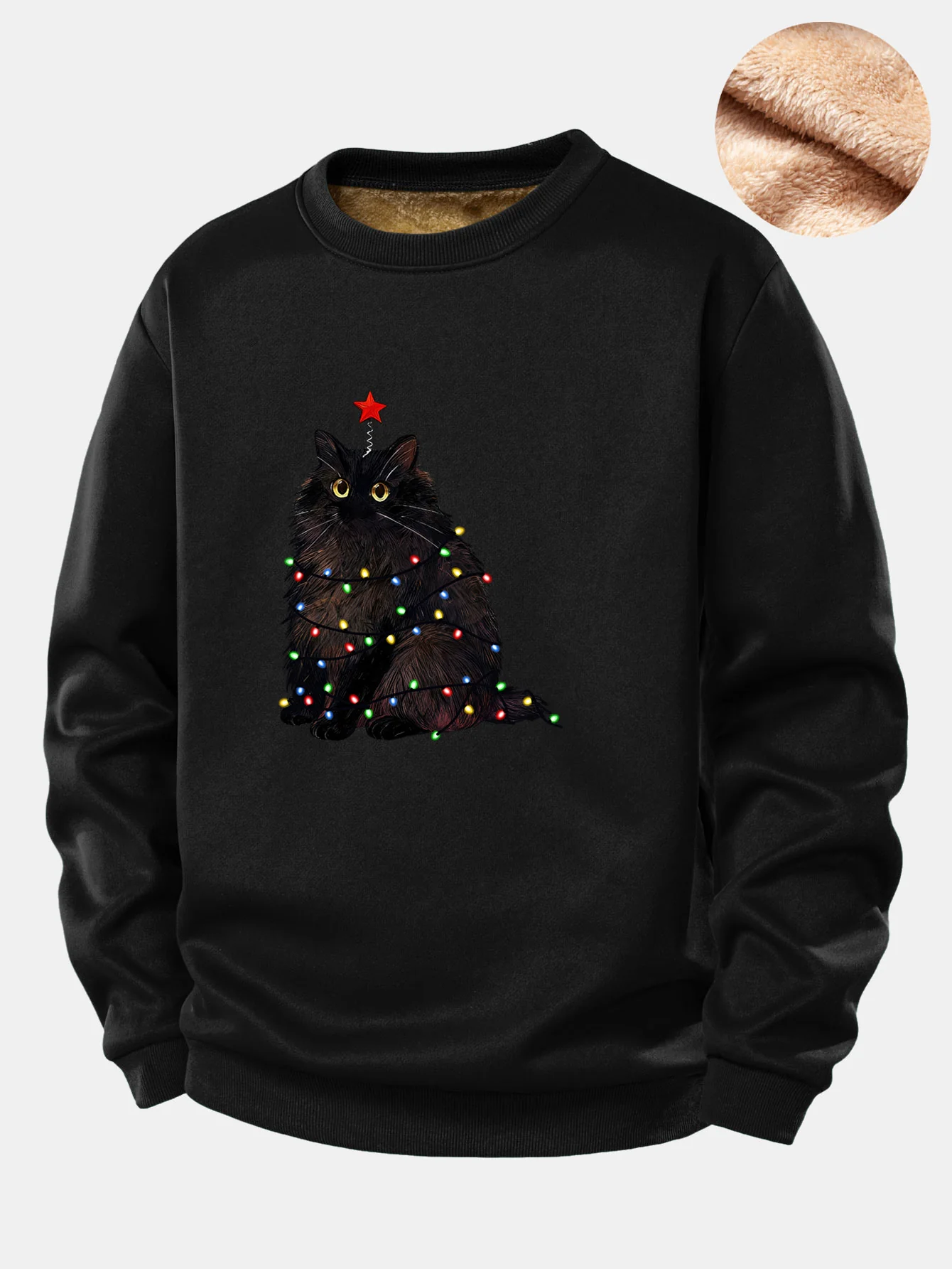 Weihnachtslichter Schwarze Katze Druck Teddy Fleece Gefüttertes Sweatshirt - Image 7