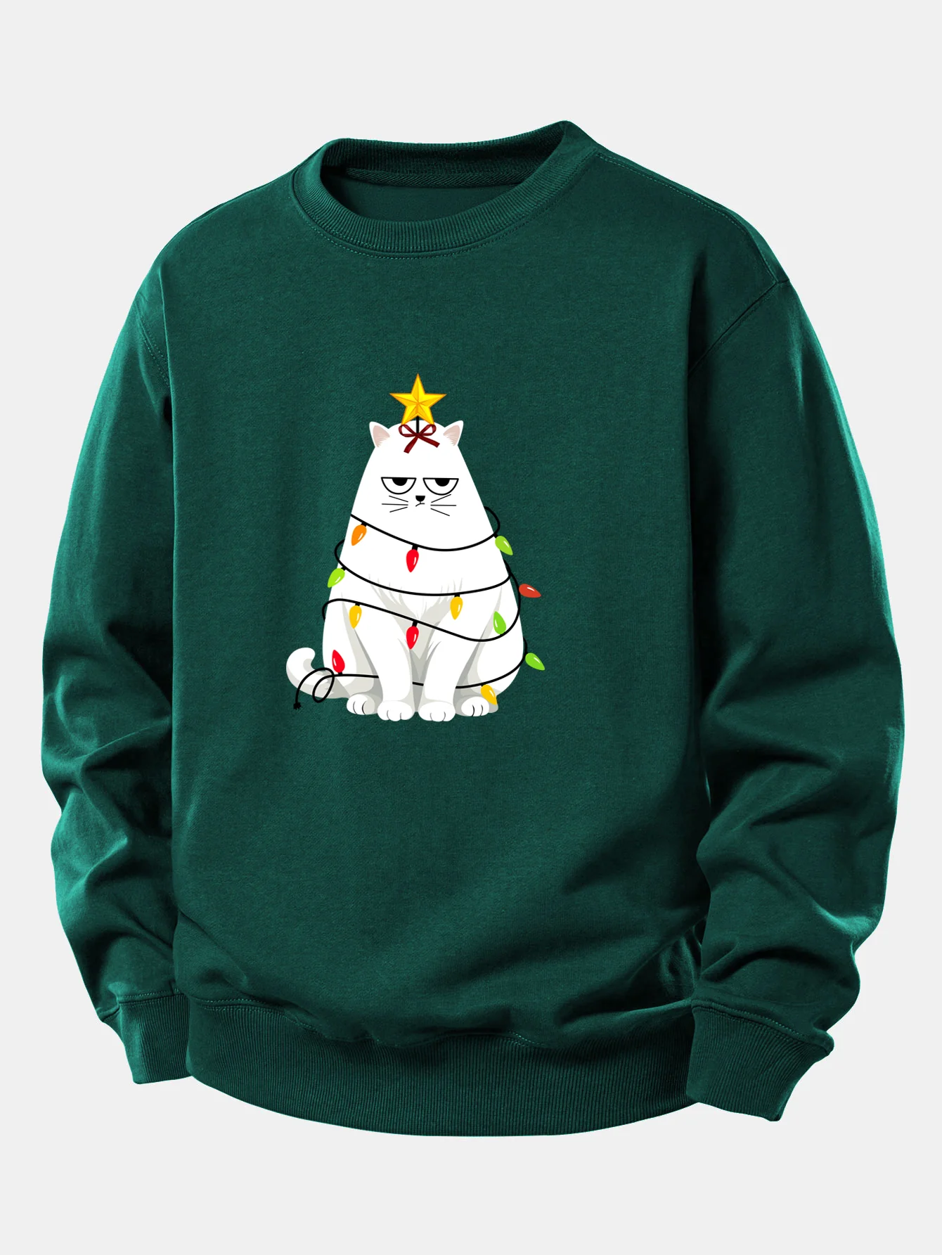 Christmas Lights White Cat Print Relax Fit Sweatshirt