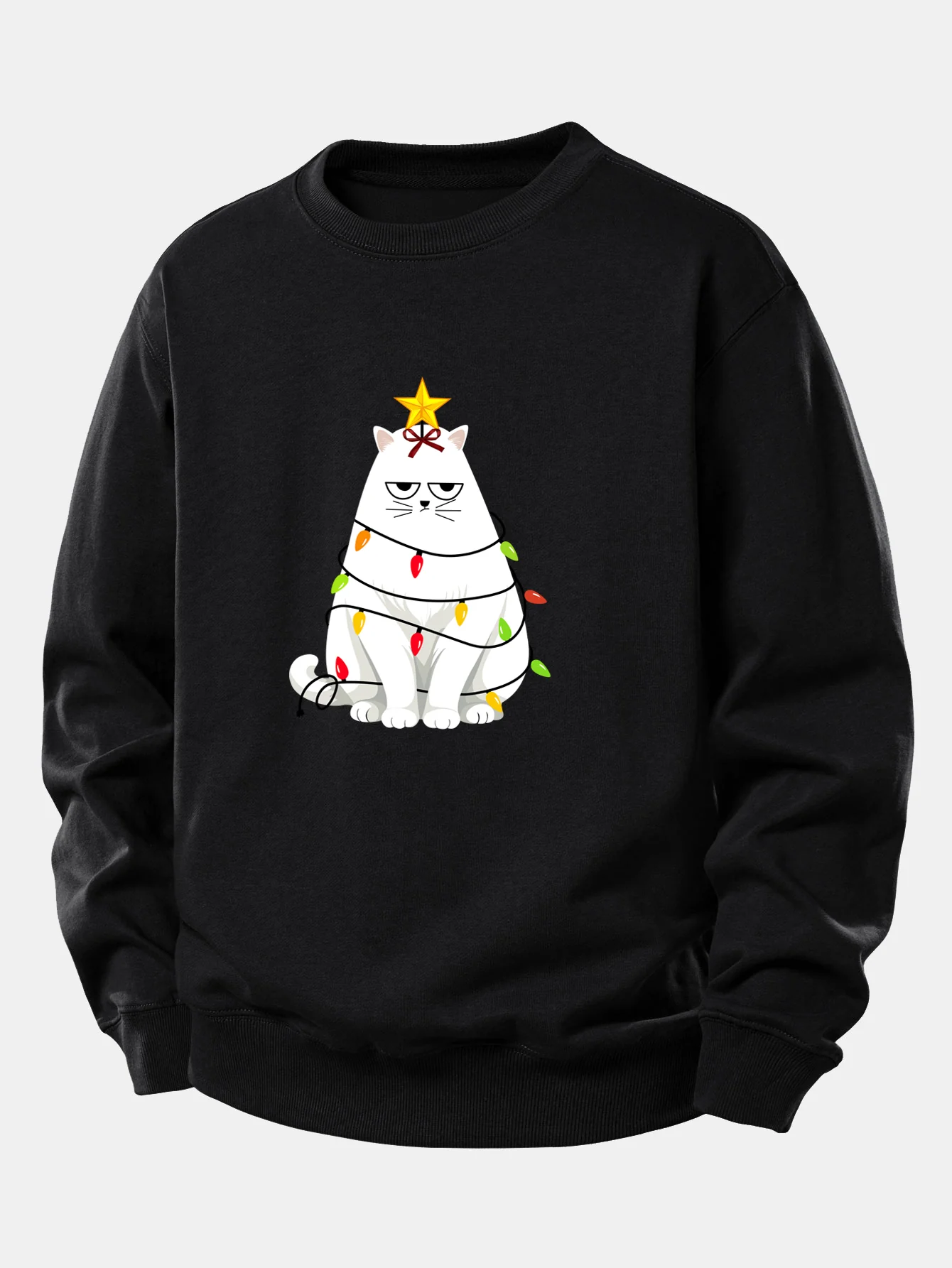 Christmas Lights White Cat Print Relax Fit Sweatshirt - Image 2