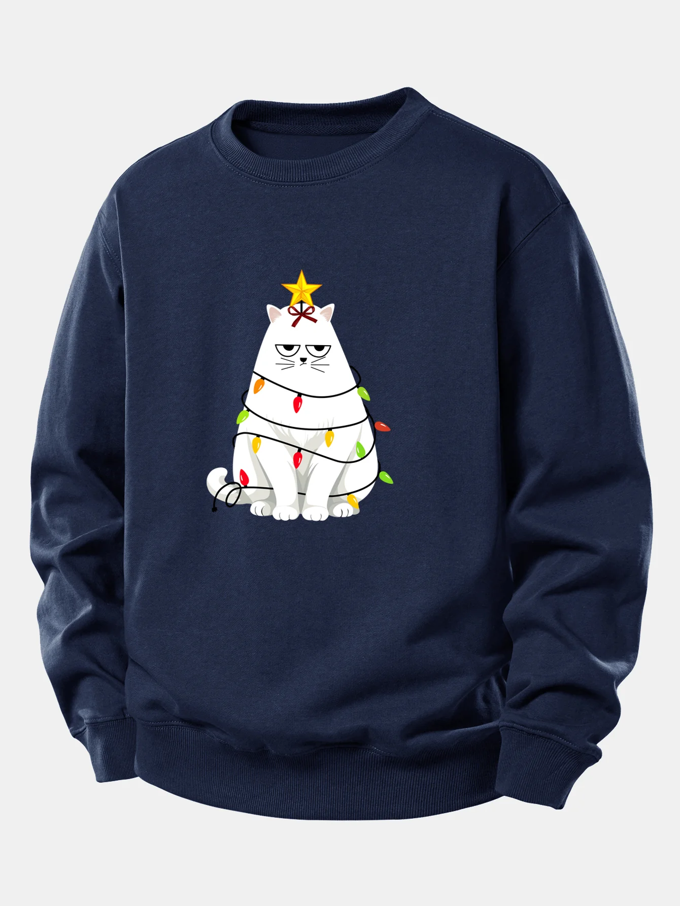 Christmas Lights White Cat Print Relax Fit Sweatshirt - Image 5