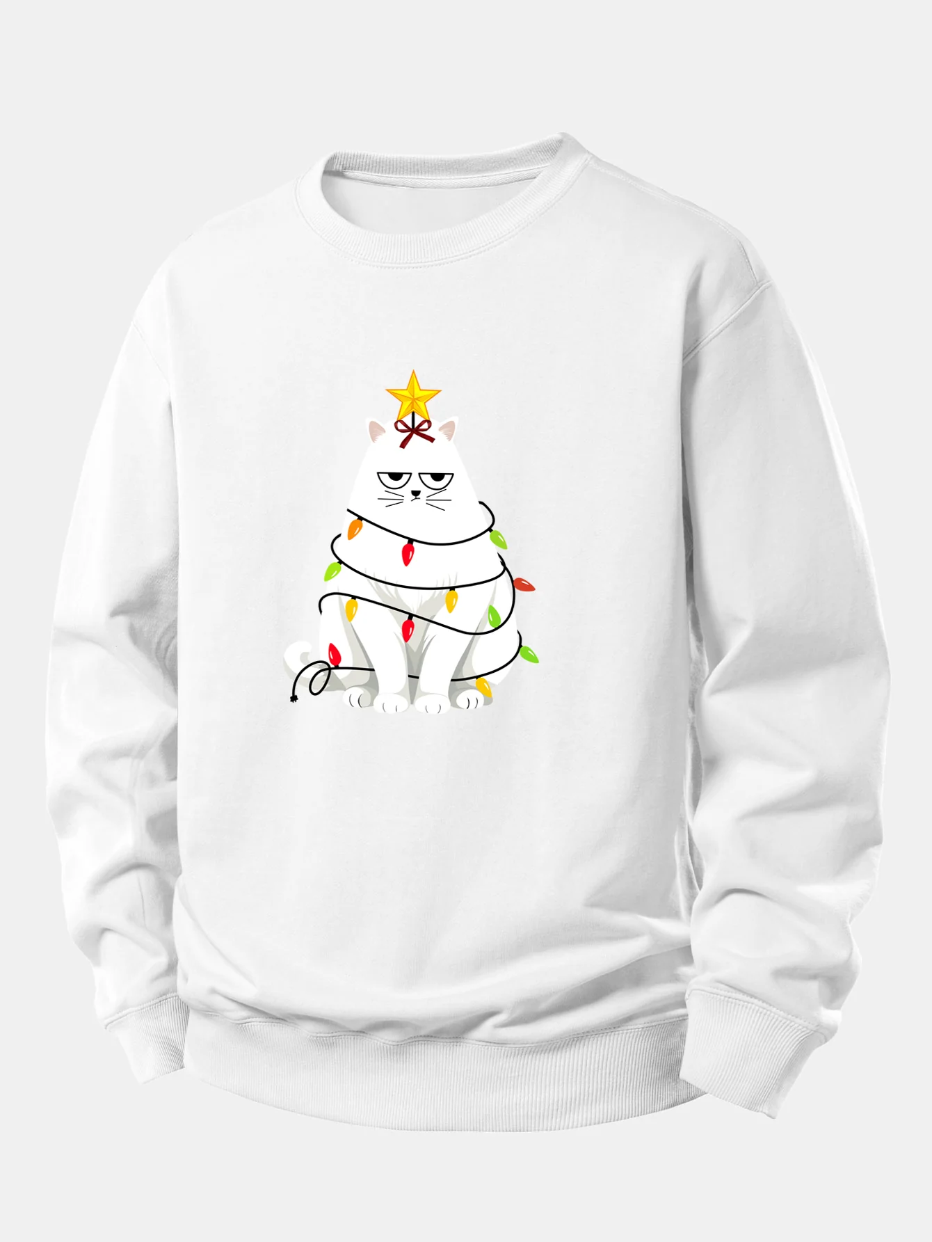Christmas Lights White Cat Print Relax Fit Sweatshirt - Image 7