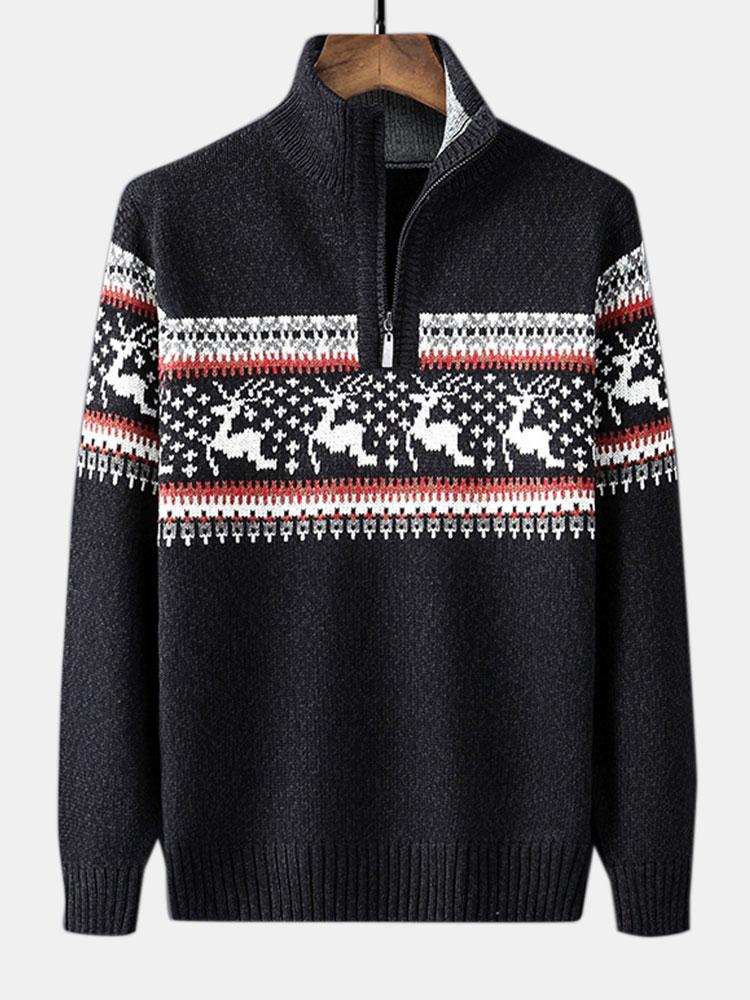 Weihnachts-Elch-Print Halbzip-Sweater - Image 3