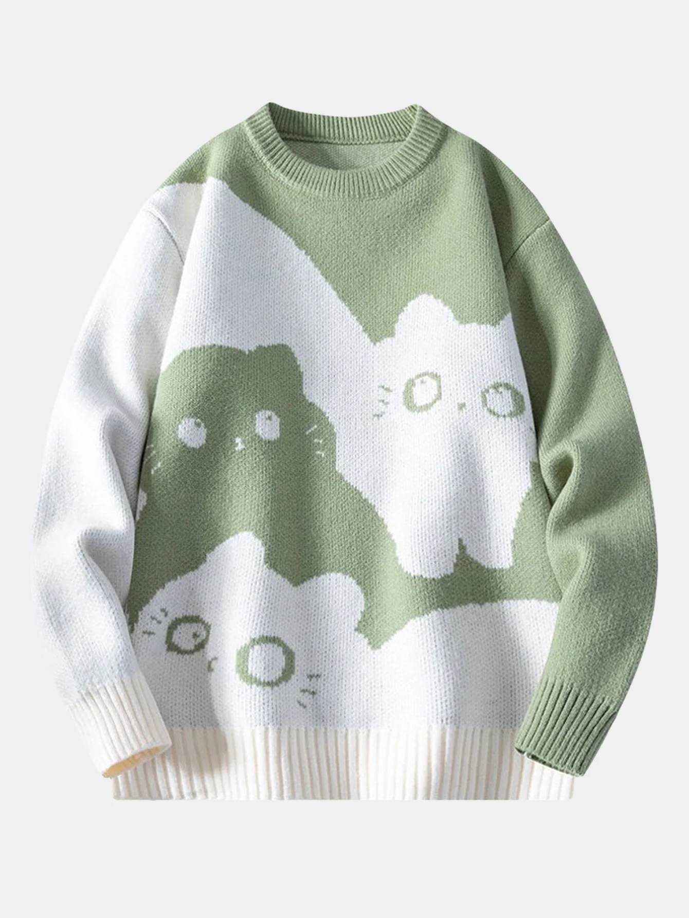 Color Block Cat Print Crew Neck Sweater - Image 2