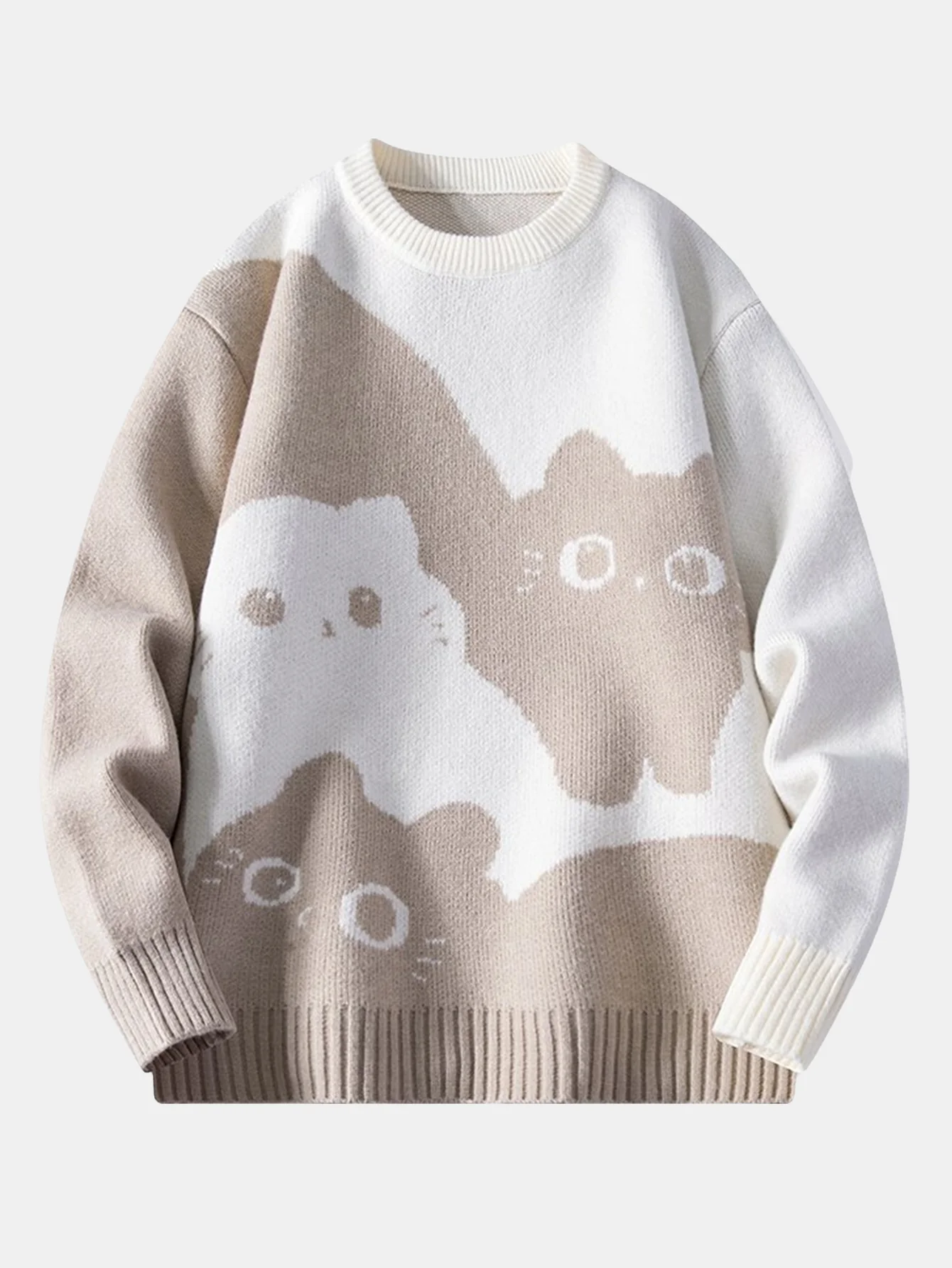 Color Block Cat Print Crew Neck Sweater - Image 3