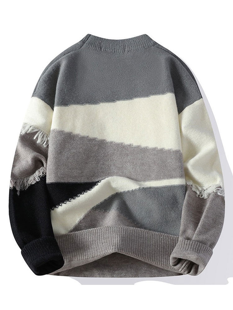 Color Block Fringe Patchwork Crew Neck Sweater - Image 2