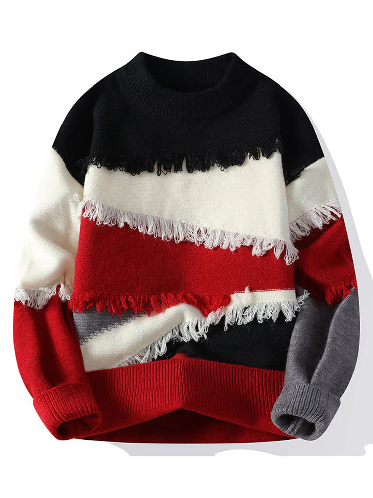 Color Block Fringe Patchwork Crew Neck Sweater - Image 3