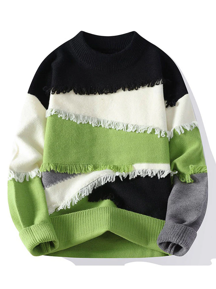 Color Block Fringe Patchwork Crew Neck Sweater - Image 4
