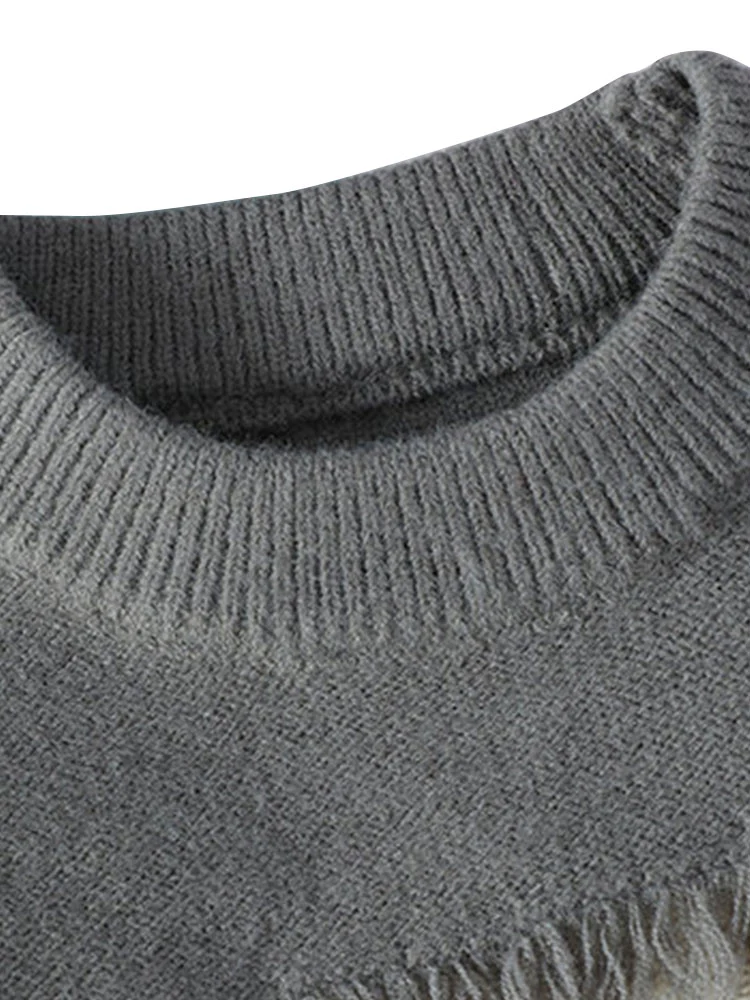 Color Block Fringe Patchwork Crew Neck Sweater - Image 5