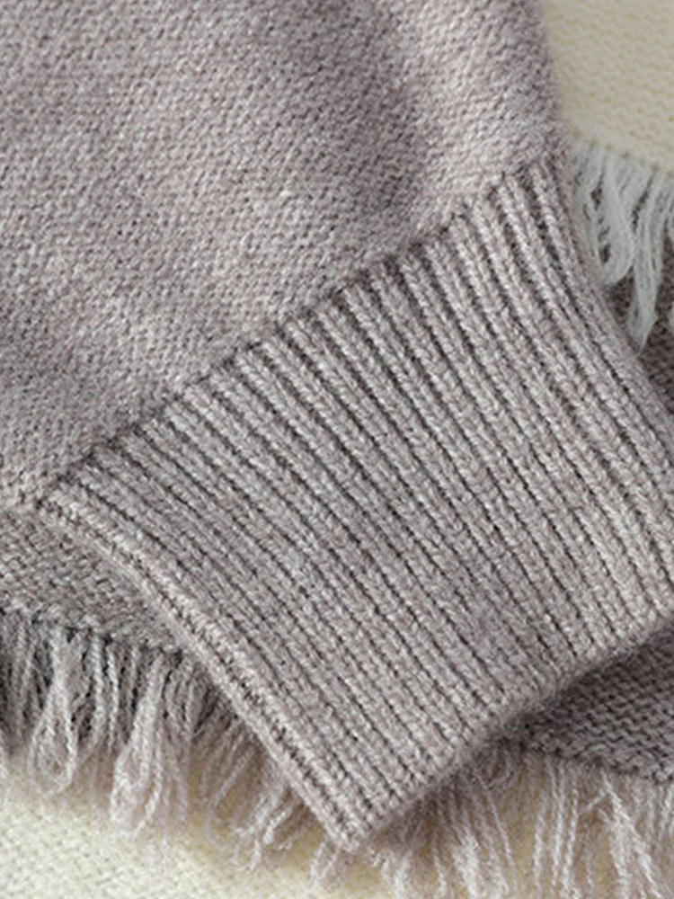 Color Block Fringe Patchwork Crew Neck Sweater - Image 9