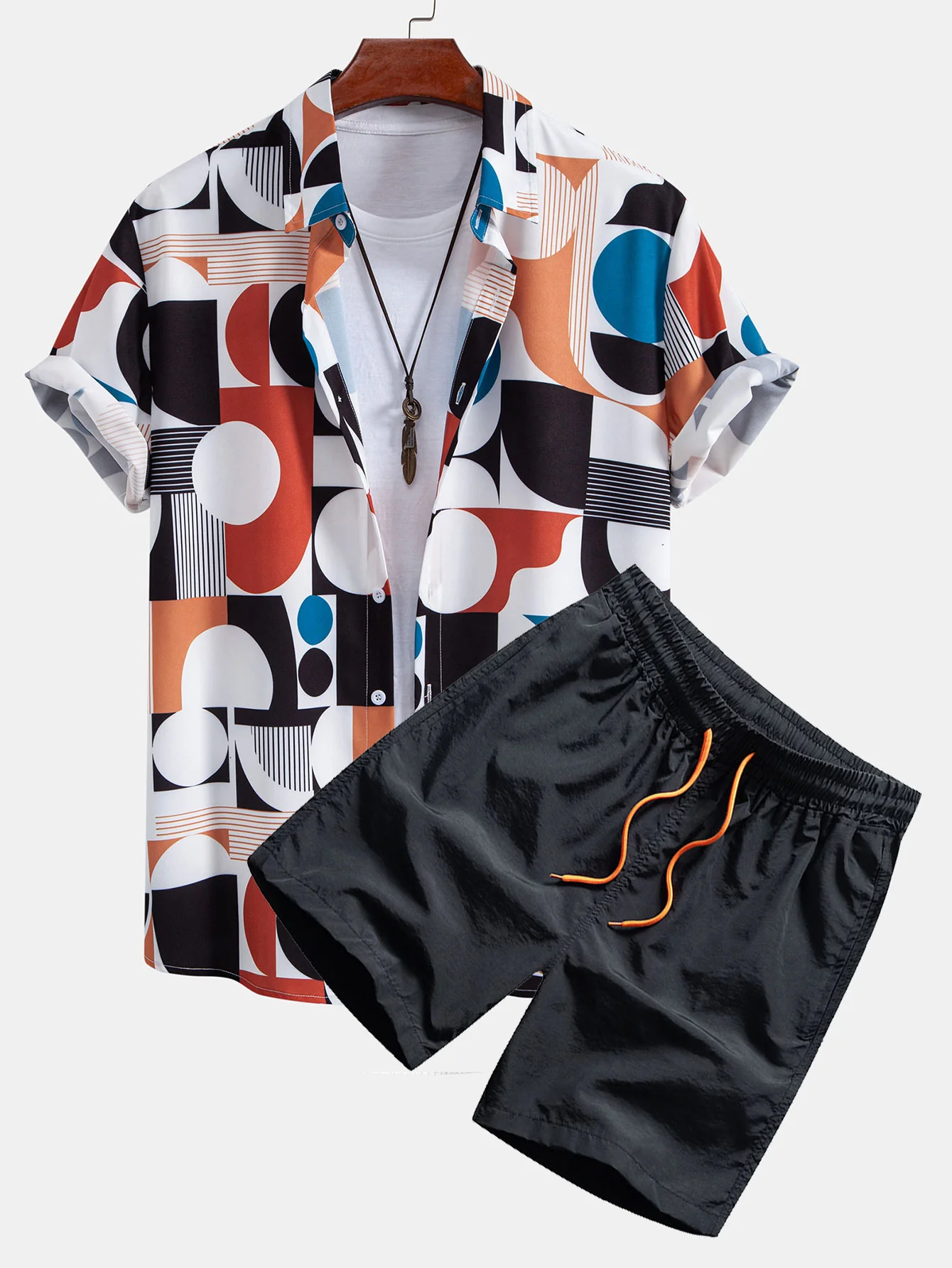 Farbe Block Geometrie Druck Hemd mit Knöpfen & Badeshorts mit Kordelzug