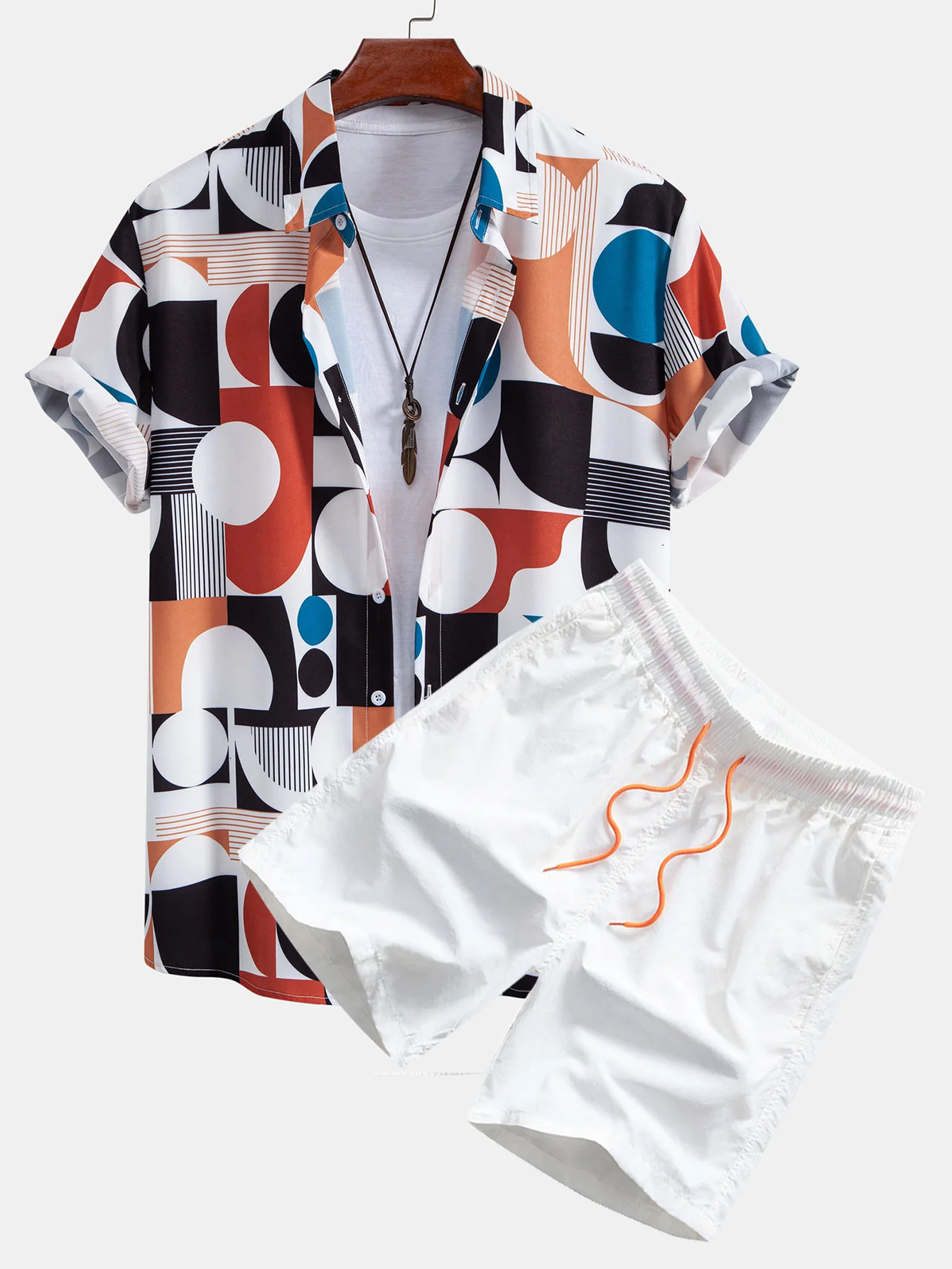 Farbe Block Geometrie Druck Hemd mit Knöpfen & Badeshorts mit Kordelzug - Image 2
