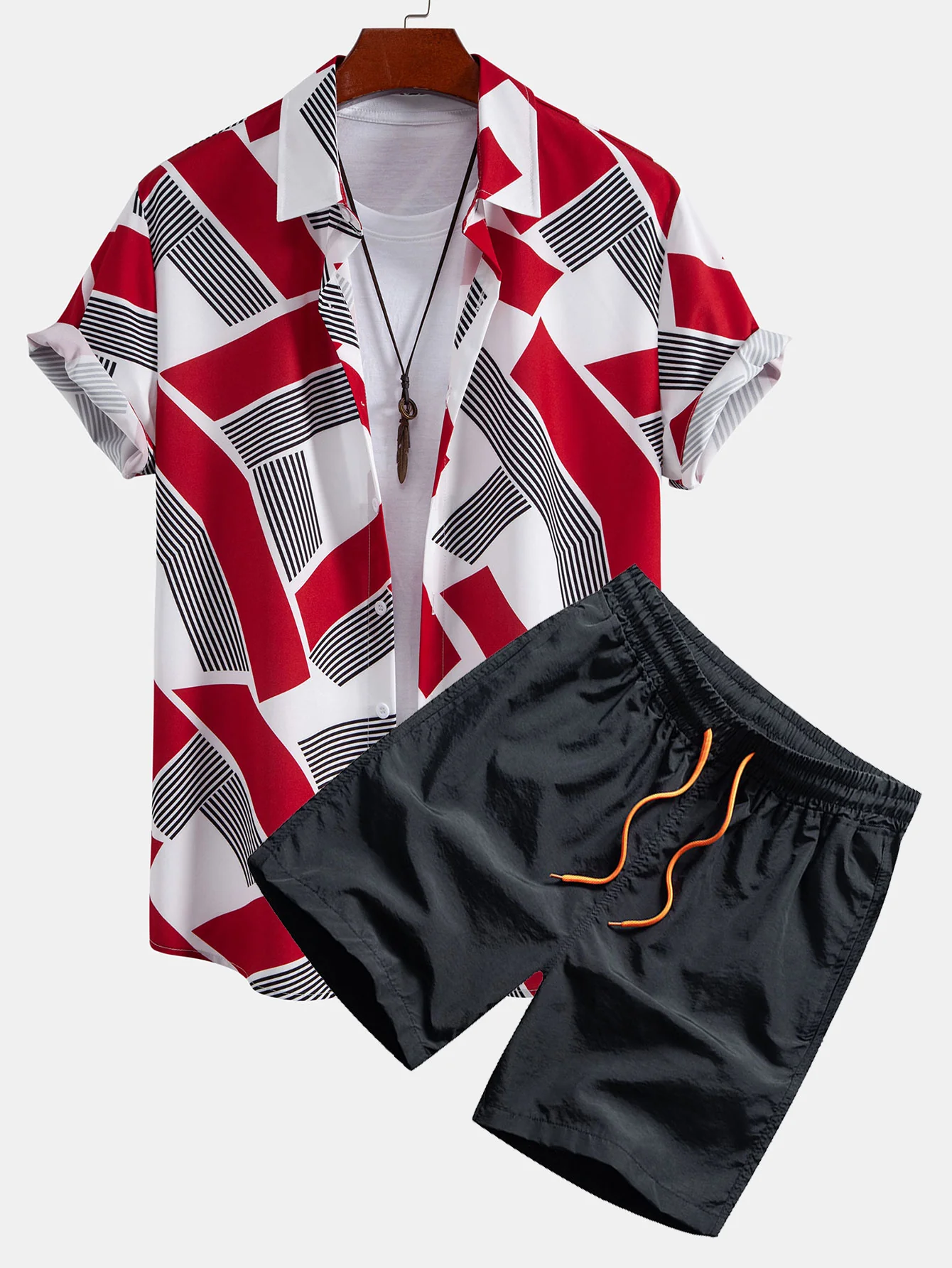 Farbe Block Geometrie Druck Hemd mit Knopfleiste & Herren Badeshorts mit mittlerer Länge und Kordelzug