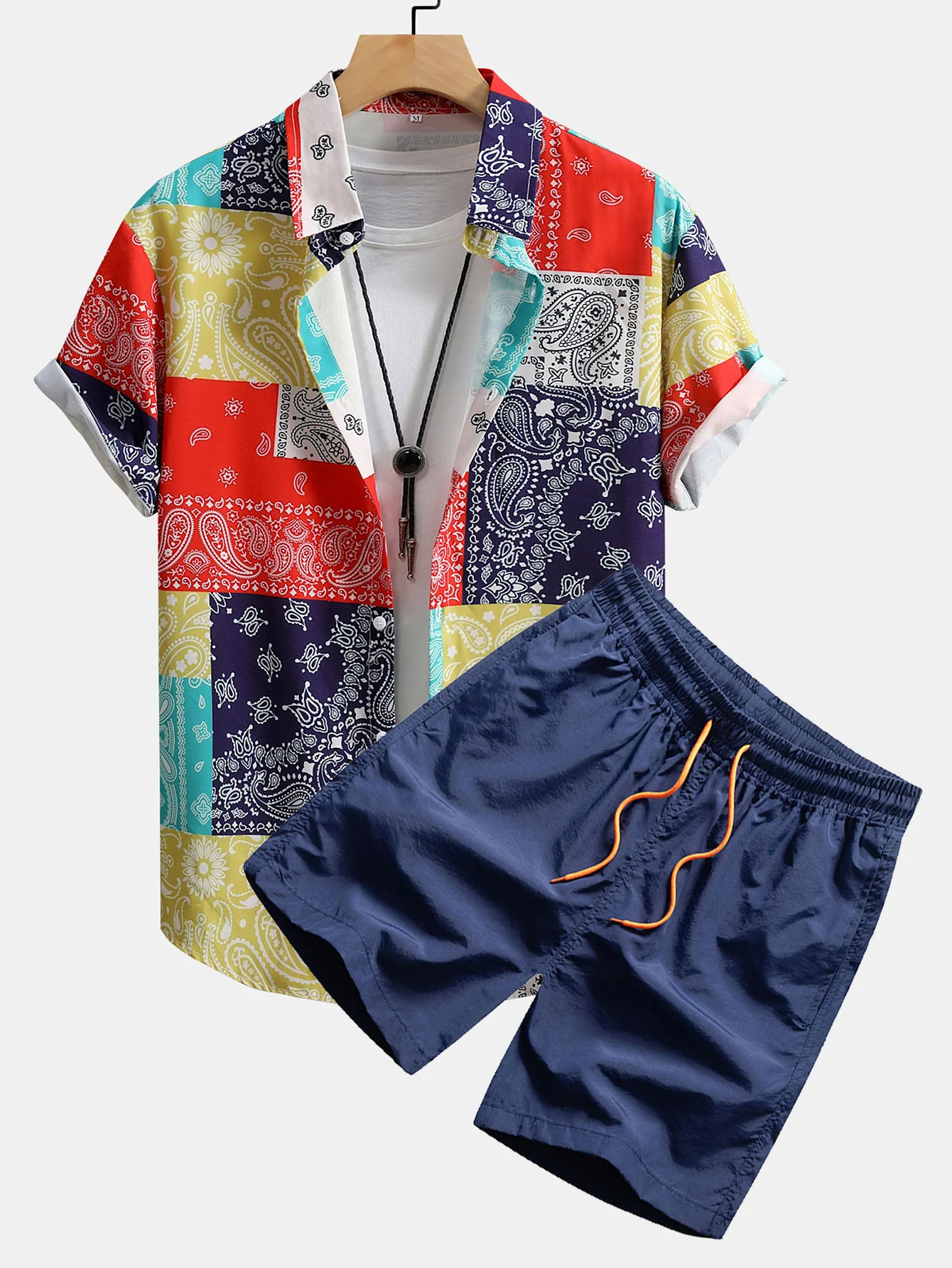 Farbblock Paisley Druck Hemd mit Knöpfen & Badehose