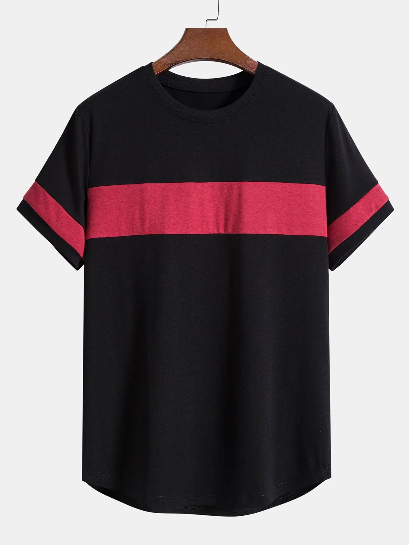 Farbblock-Patchwork-Bogen-Saum-T-Shirt - Image 3