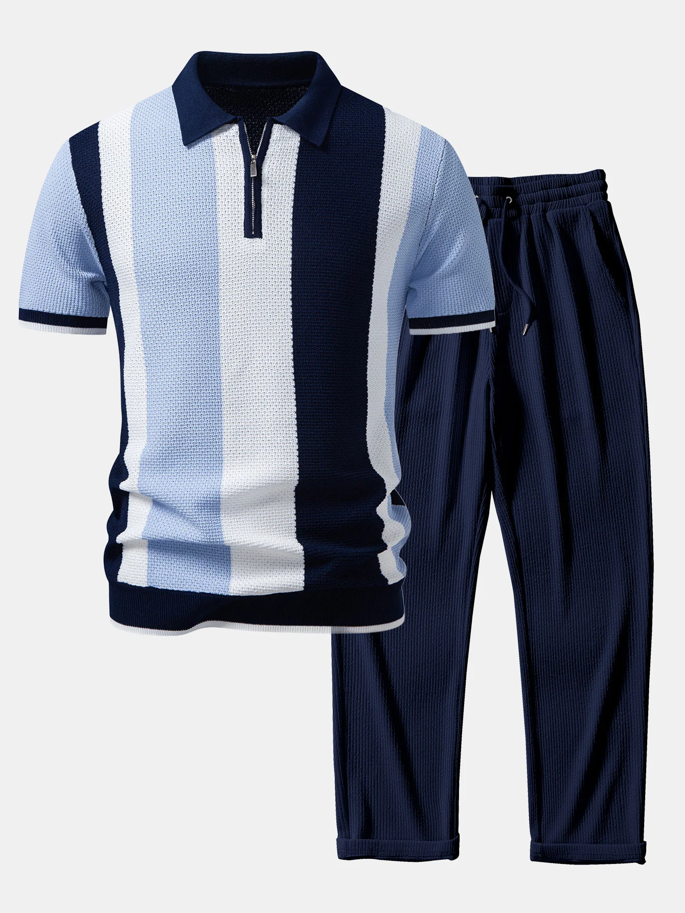 Color Block Textured Zipper Knit Polo & Straight Leg Ribbed Pants